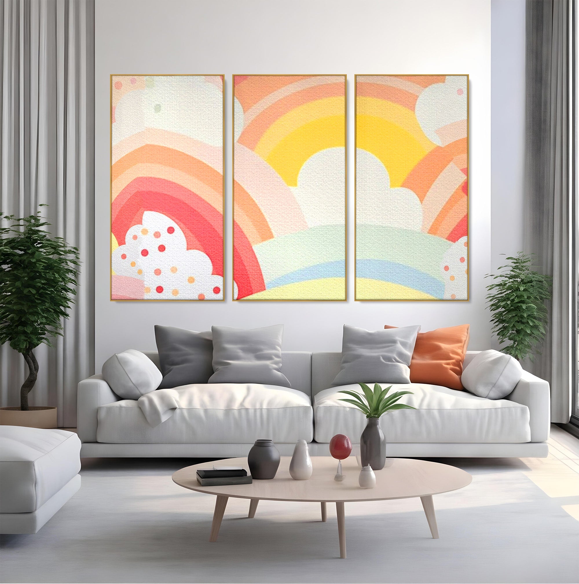 Set 3 Tablouri Canvas Premium LuxCanva® K3-1034, Zambetul Cerului, Pastel, Curcubeu, Nori, Pufosi, Energie, Blandete, Atmosfera, Copilarie, Cer, Poveste, Optimism, Fericire, Camera Copil, Dormitor