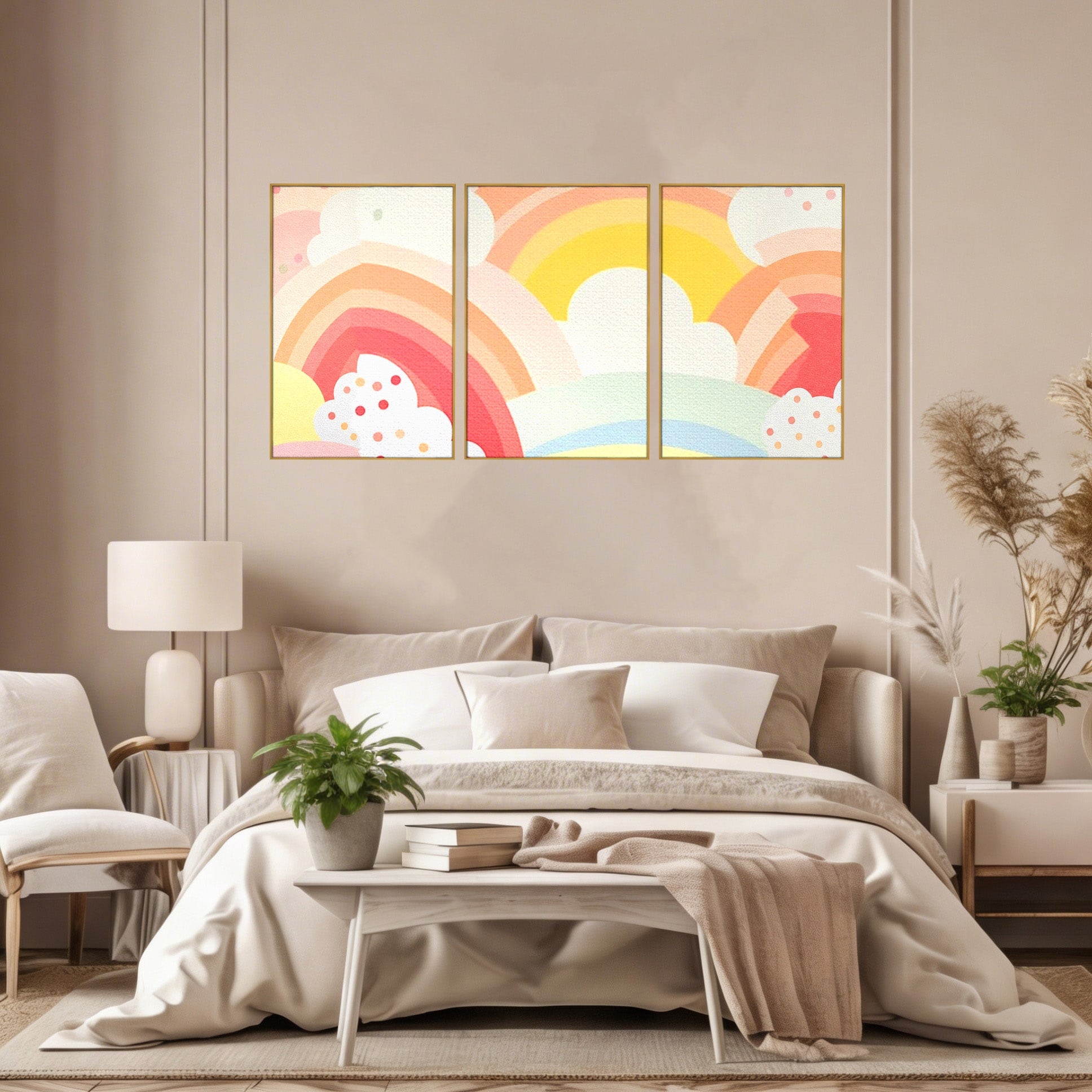 Set 3 Tablouri Canvas Premium LuxCanva® K3-1034, Zambetul Cerului, Pastel, Curcubeu, Nori, Pufosi, Energie, Blandete, Atmosfera, Copilarie, Cer, Poveste, Optimism, Fericire, Camera Copil, Dormitor