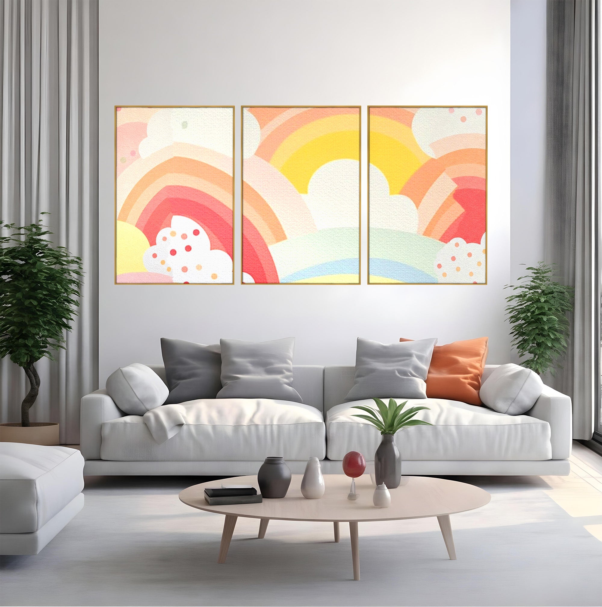 Set 3 Tablouri Canvas Premium LuxCanva® K3-1034, Zambetul Cerului, Pastel, Curcubeu, Nori, Pufosi, Energie, Blandete, Atmosfera, Copilarie, Cer, Poveste, Optimism, Fericire, Camera Copil, Dormitor