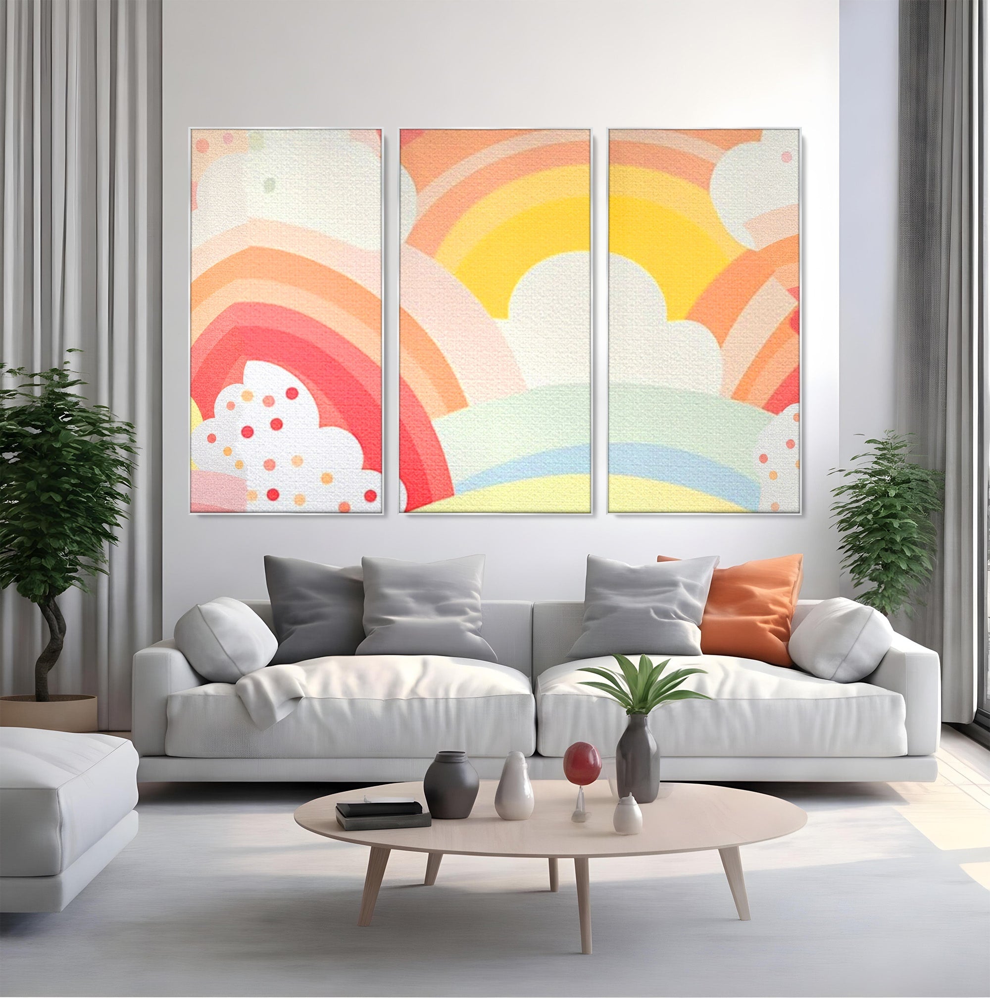 Set 3 Tablouri Canvas Premium LuxCanva® K3-1034, Zambetul Cerului, Pastel, Curcubeu, Nori, Pufosi, Energie, Blandete, Atmosfera, Copilarie, Cer, Poveste, Optimism, Fericire, Camera Copil, Dormitor