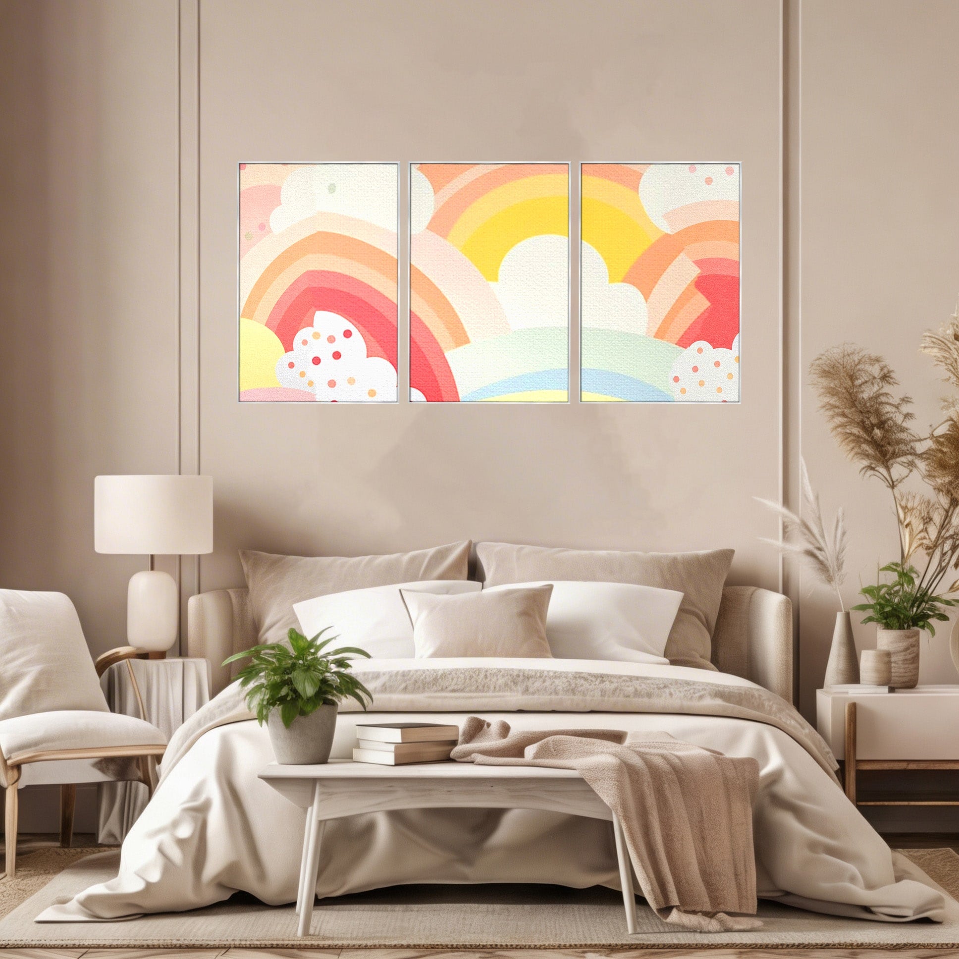 Set 3 Tablouri Canvas Premium LuxCanva® K3-1034, Zambetul Cerului, Pastel, Curcubeu, Nori, Pufosi, Energie, Blandete, Atmosfera, Copilarie, Cer, Poveste, Optimism, Fericire, Camera Copil, Dormitor