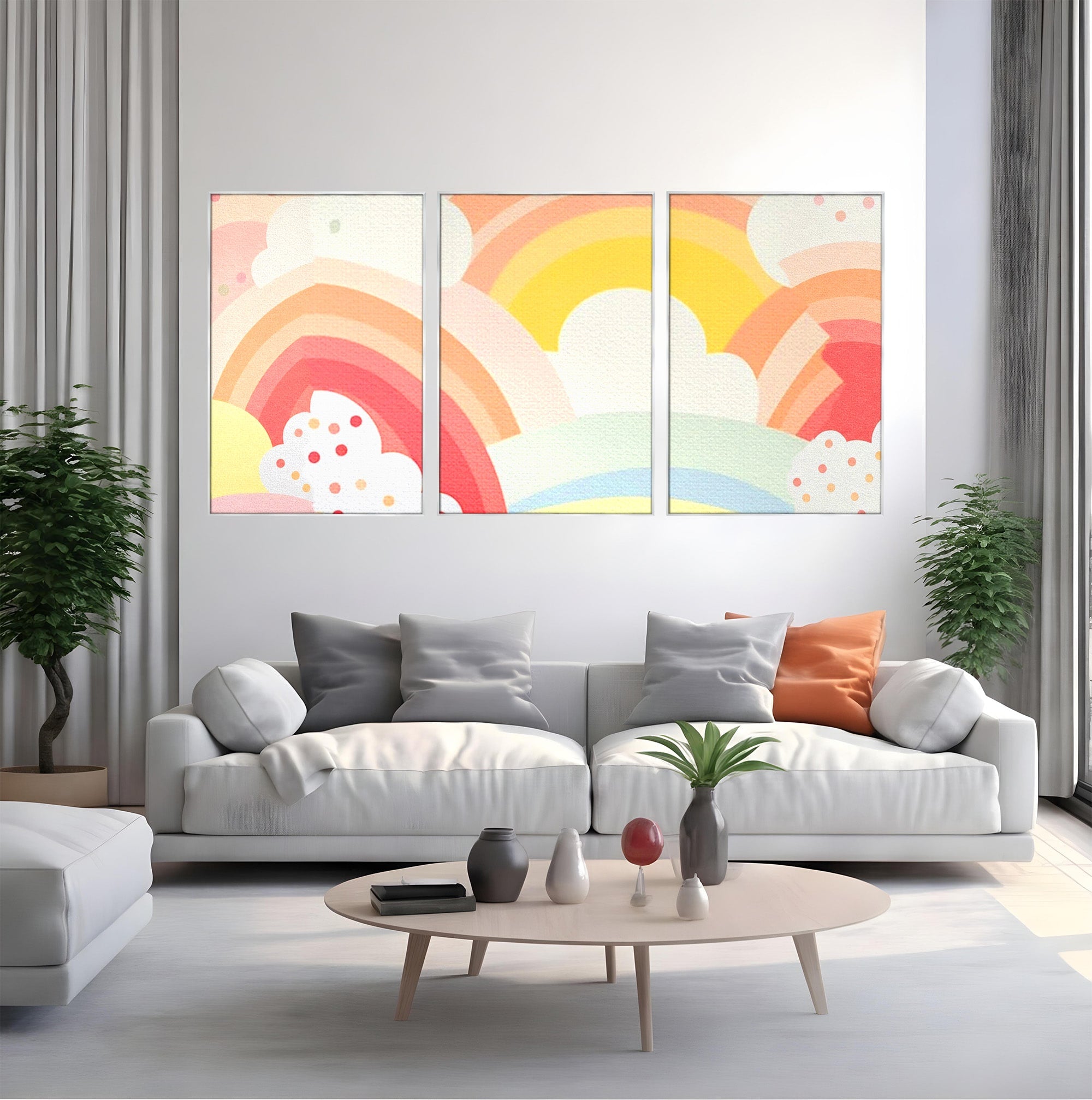 Set 3 Tablouri Canvas Premium LuxCanva® K3-1034, Zambetul Cerului, Pastel, Curcubeu, Nori, Pufosi, Energie, Blandete, Atmosfera, Copilarie, Cer, Poveste, Optimism, Fericire, Camera Copil, Dormitor