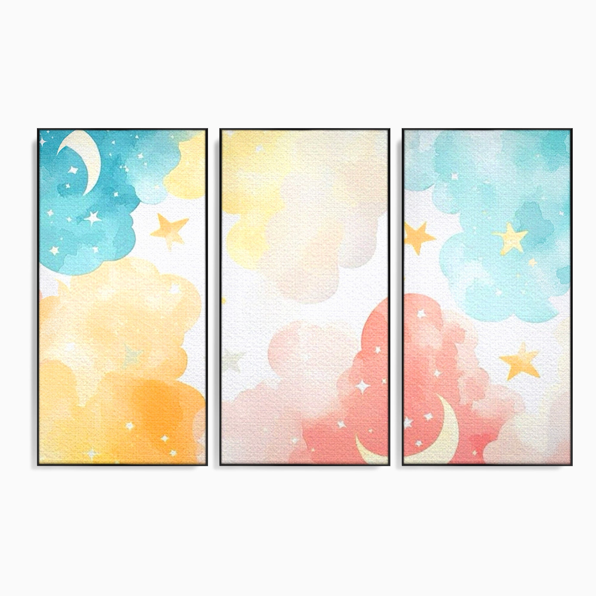 Set 3 Tablouri Canvas Premium LuxCanva® K3-1040, Norii Care Canta Stele, Somn, Usor, Vise, Pastel, Cer, Curcubeu, Ploaie, Pufos, Magie, Luna, Fantezie, Taram, Basm, Frumusete, Camera Copil, Dormitor