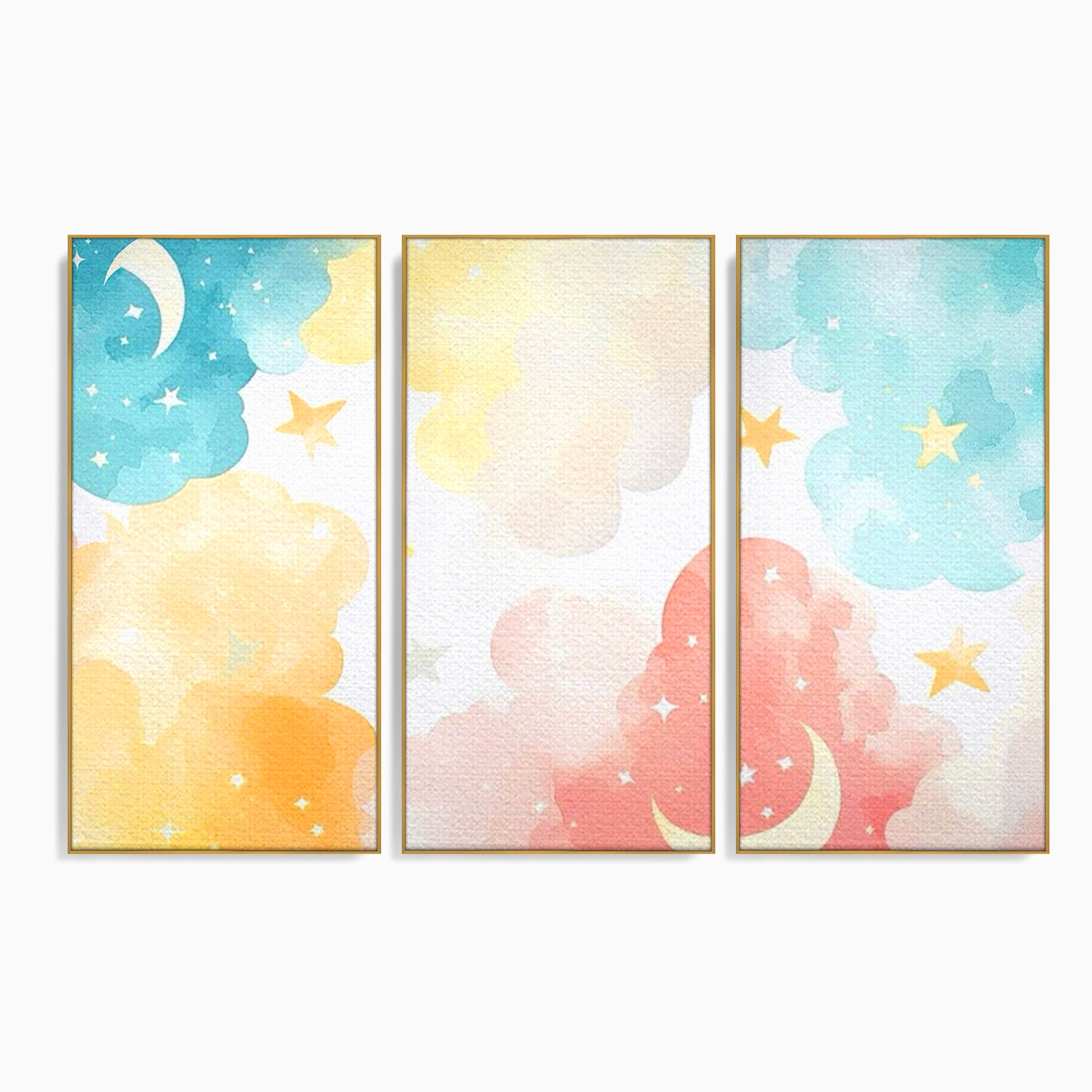 Set 3 Tablouri Canvas Premium LuxCanva® K3-1040, Norii Care Canta Stele, Somn, Usor, Vise, Pastel, Cer, Curcubeu, Ploaie, Pufos, Magie, Luna, Fantezie, Taram, Basm, Frumusete, Camera Copil, Dormitor