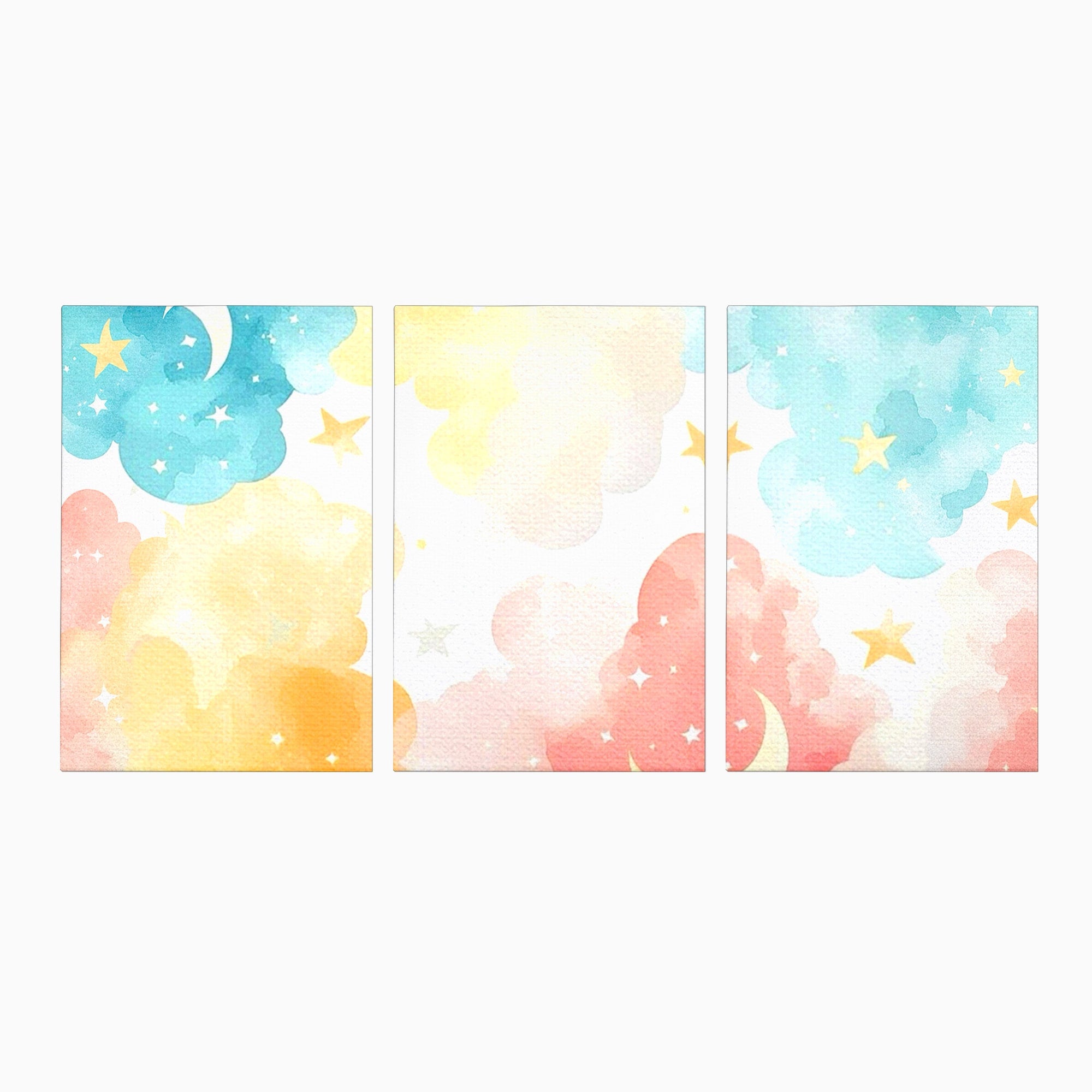 Set 3 Tablouri Canvas Premium LuxCanva® K3-1040, Norii Care Canta Stele, Somn, Usor, Vise, Pastel, Cer, Curcubeu, Ploaie, Pufos, Magie, Luna, Fantezie, Taram, Basm, Frumusete, Camera Copil, Dormitor