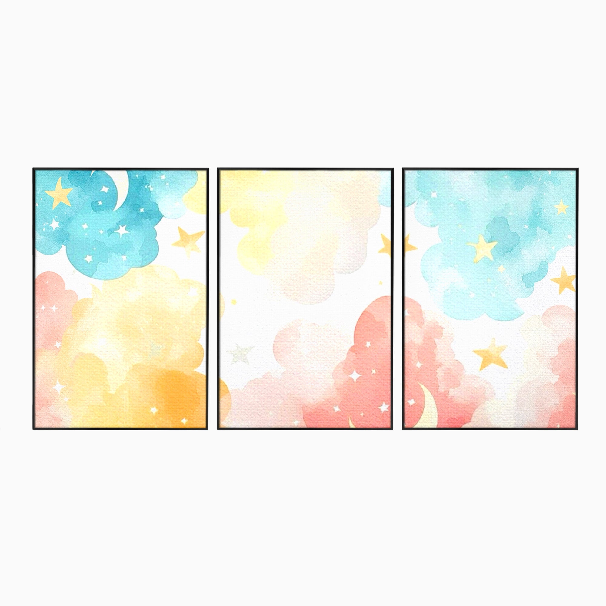 Set 3 Tablouri Canvas Premium LuxCanva® K3-1040, Norii Care Canta Stele, Somn, Usor, Vise, Pastel, Cer, Curcubeu, Ploaie, Pufos, Magie, Luna, Fantezie, Taram, Basm, Frumusete, Camera Copil, Dormitor