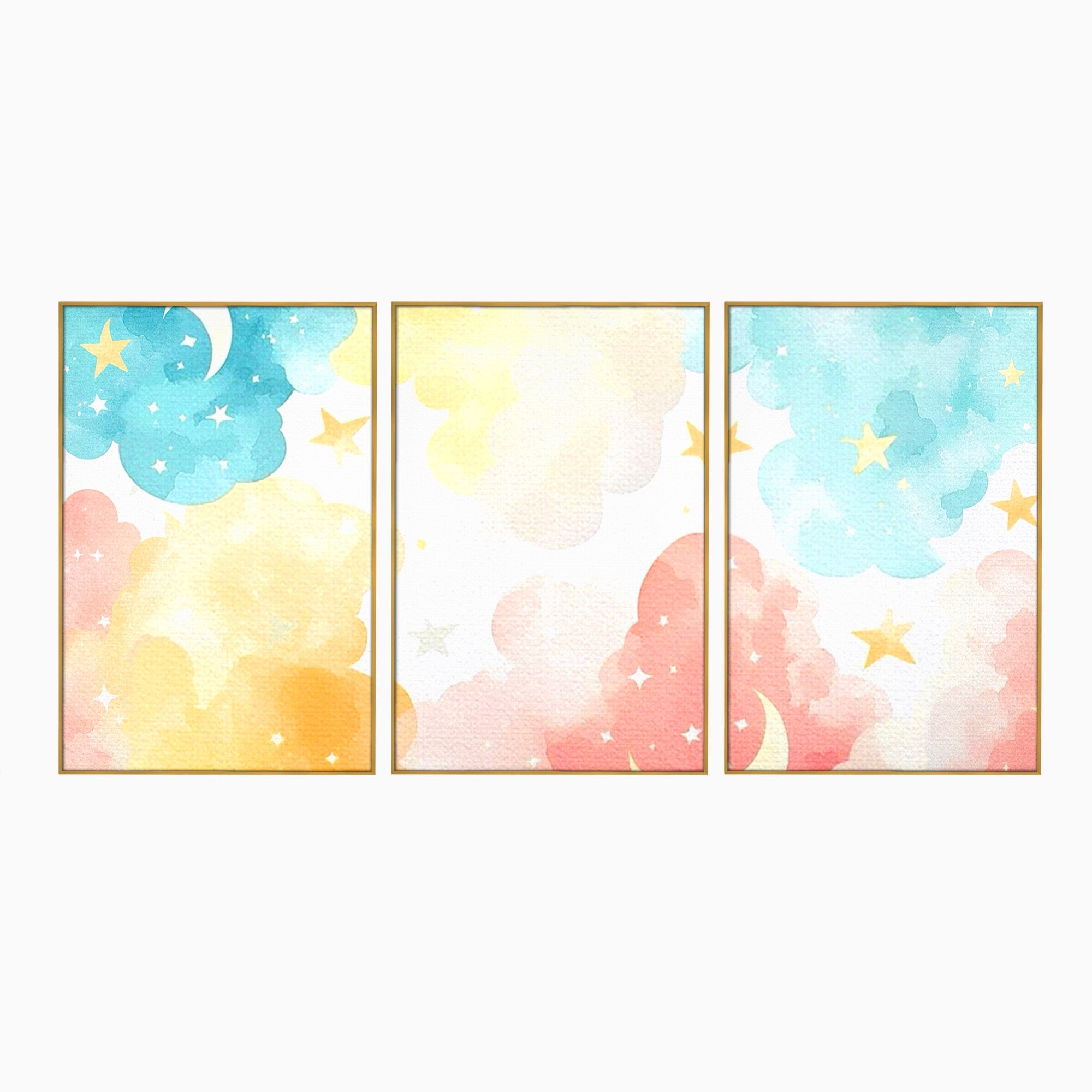 Set 3 Tablouri Canvas Premium LuxCanva® K3-1040, Norii Care Canta Stele, Somn, Usor, Vise, Pastel, Cer, Curcubeu, Ploaie, Pufos, Magie, Luna, Fantezie, Taram, Basm, Frumusete, Camera Copil, Dormitor