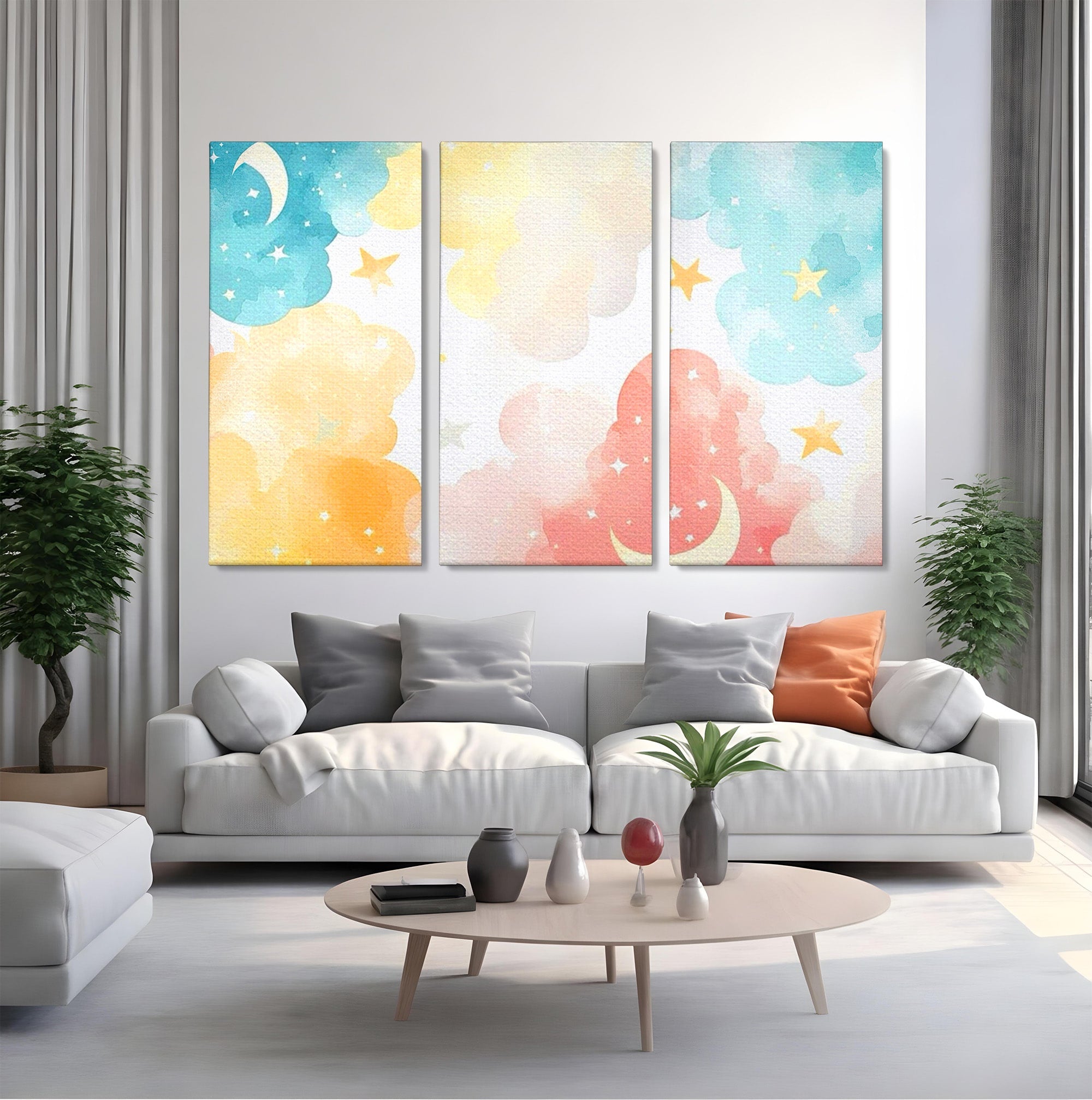 Set 3 Tablouri Canvas Premium LuxCanva® K3-1040, Norii Care Canta Stele, Somn, Usor, Vise, Pastel, Cer, Curcubeu, Ploaie, Pufos, Magie, Luna, Fantezie, Taram, Basm, Frumusete, Camera Copil, Dormitor