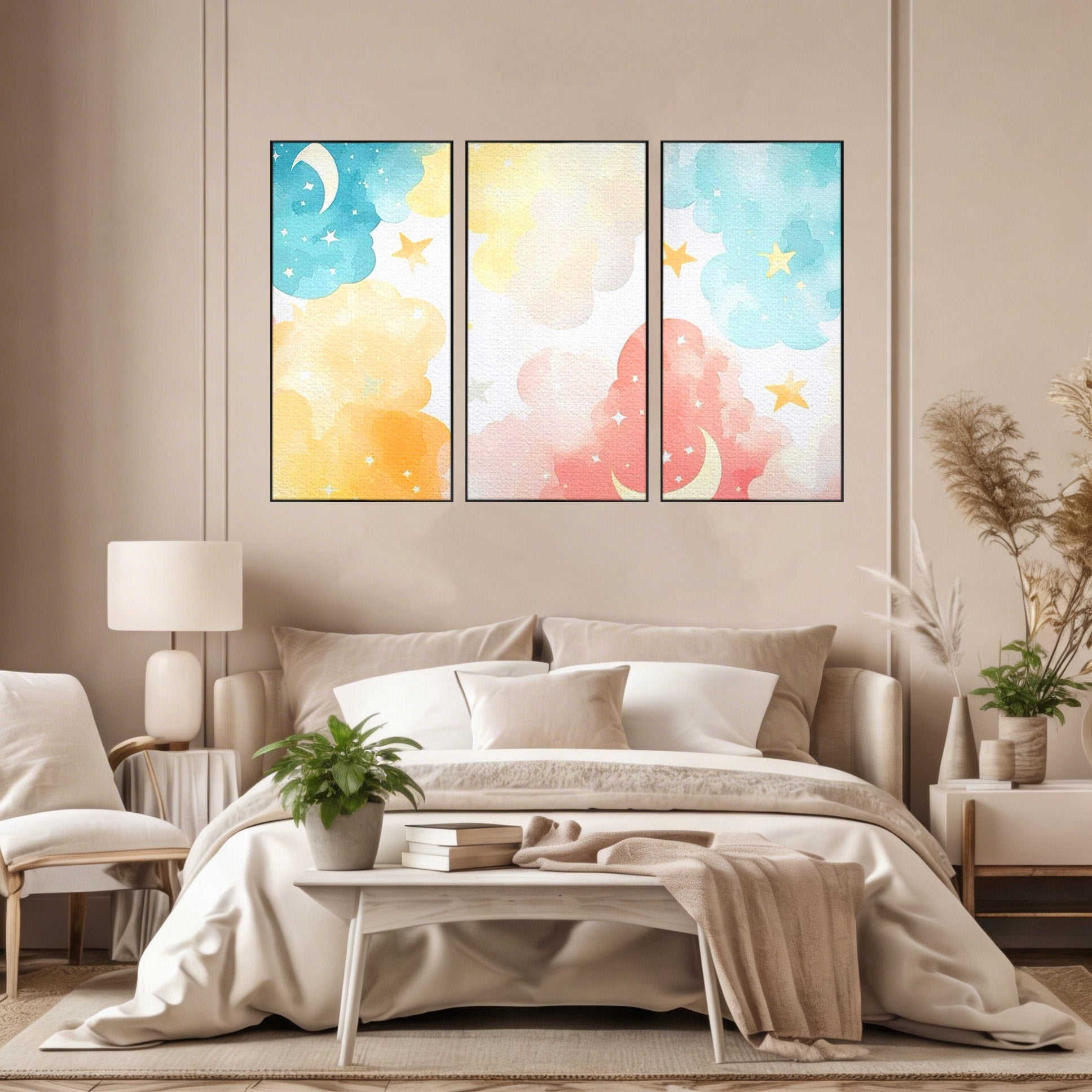 Set 3 Tablouri Canvas Premium LuxCanva® K3-1040, Norii Care Canta Stele, Somn, Usor, Vise, Pastel, Cer, Curcubeu, Ploaie, Pufos, Magie, Luna, Fantezie, Taram, Basm, Frumusete, Camera Copil, Dormitor