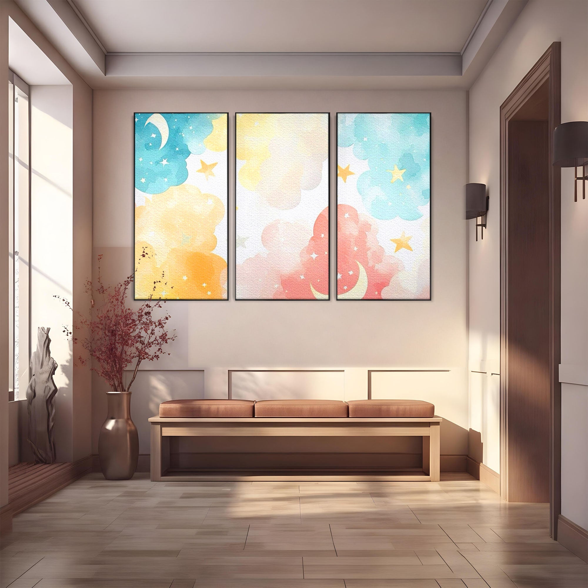 Set 3 Tablouri Canvas Premium LuxCanva® K3-1040, Norii Care Canta Stele, Somn, Usor, Vise, Pastel, Cer, Curcubeu, Ploaie, Pufos, Magie, Luna, Fantezie, Taram, Basm, Frumusete, Camera Copil, Dormitor