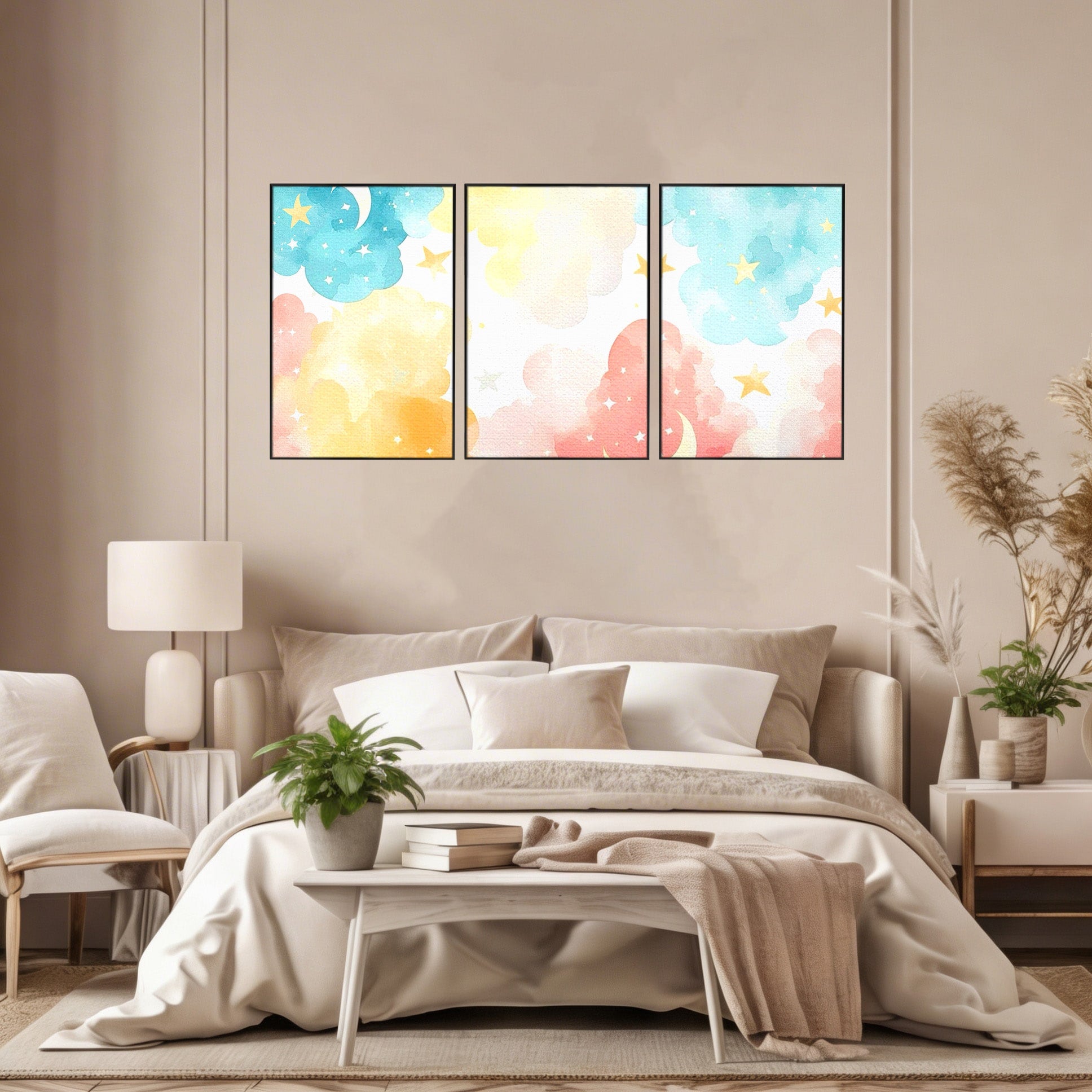 Set 3 Tablouri Canvas Premium LuxCanva® K3-1040, Norii Care Canta Stele, Somn, Usor, Vise, Pastel, Cer, Curcubeu, Ploaie, Pufos, Magie, Luna, Fantezie, Taram, Basm, Frumusete, Camera Copil, Dormitor