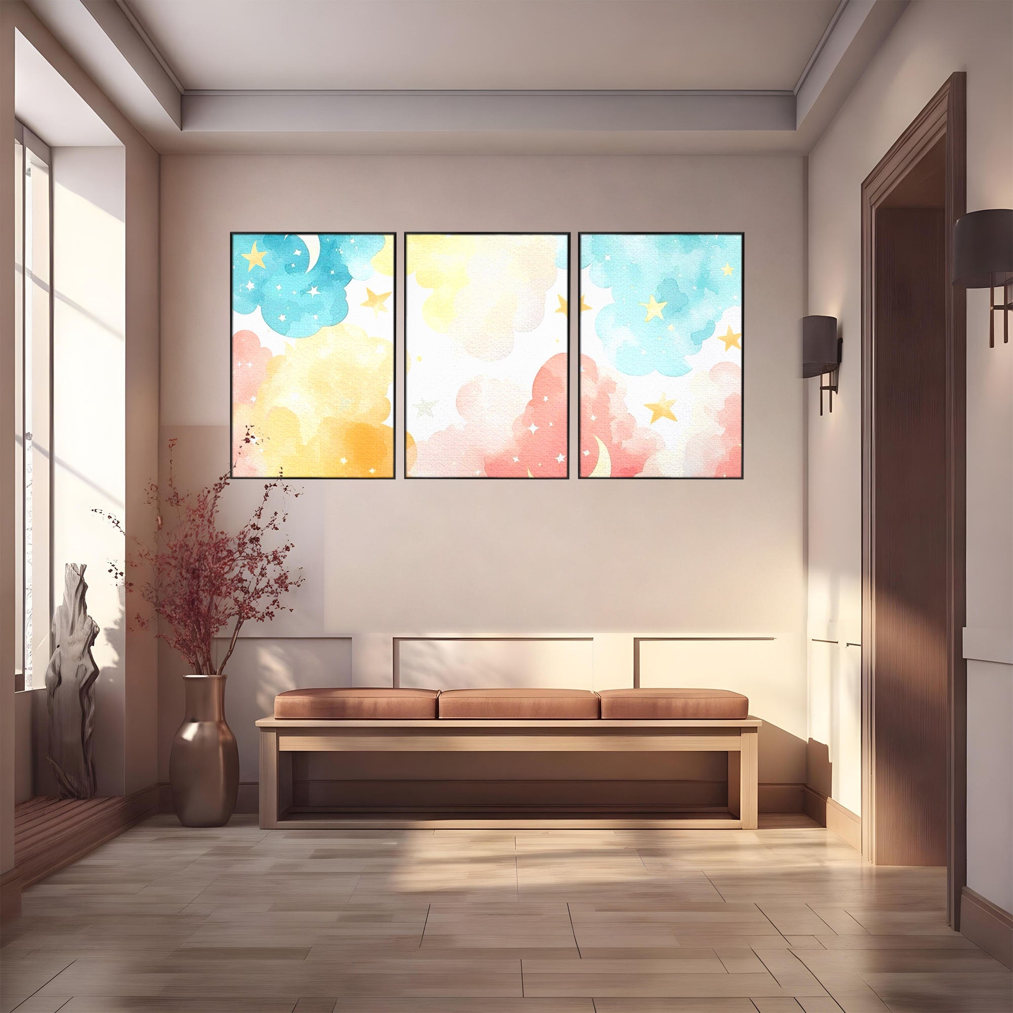 Set 3 Tablouri Canvas Premium LuxCanva® K3-1040, Norii Care Canta Stele, Somn, Usor, Vise, Pastel, Cer, Curcubeu, Ploaie, Pufos, Magie, Luna, Fantezie, Taram, Basm, Frumusete, Camera Copil, Dormitor