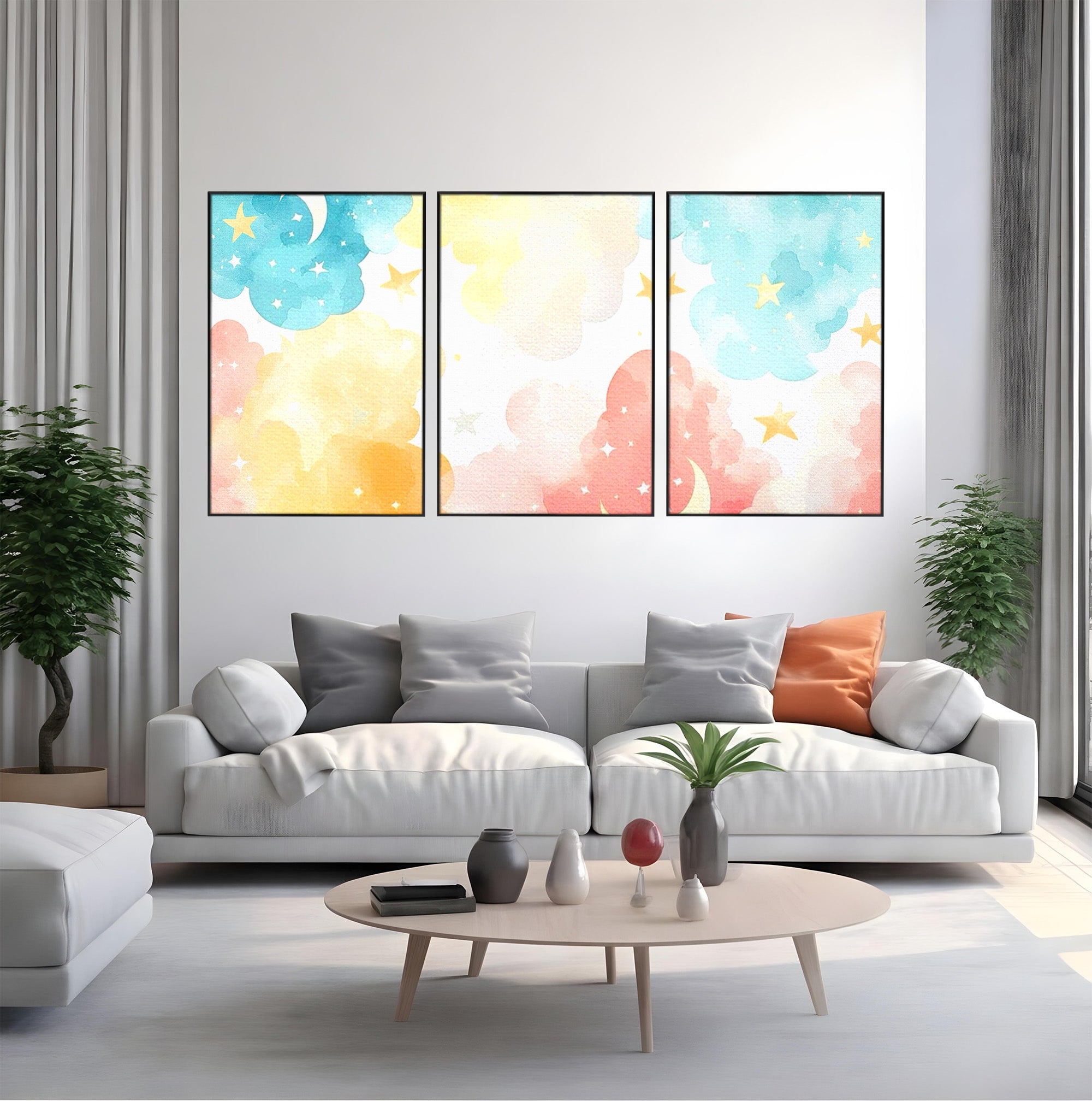 Set 3 Tablouri Canvas Premium LuxCanva® K3-1040, Norii Care Canta Stele, Somn, Usor, Vise, Pastel, Cer, Curcubeu, Ploaie, Pufos, Magie, Luna, Fantezie, Taram, Basm, Frumusete, Camera Copil, Dormitor