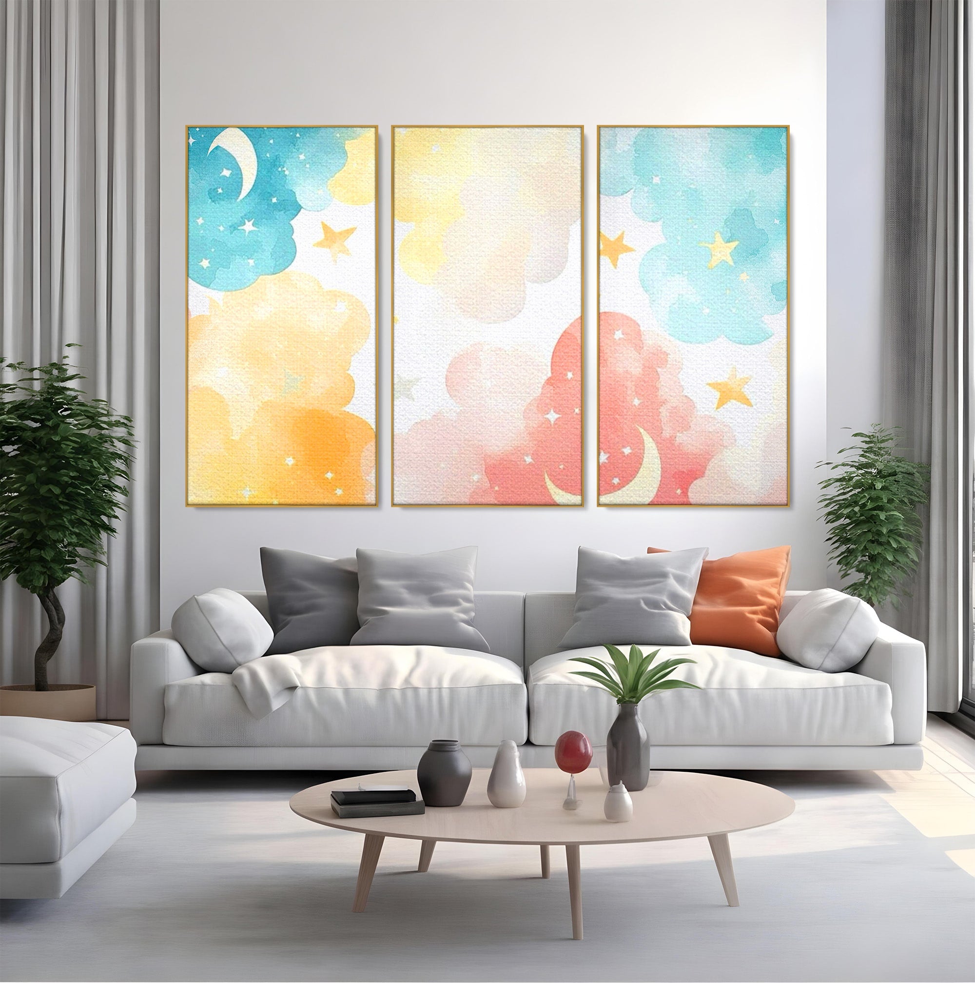 Set 3 Tablouri Canvas Premium LuxCanva® K3-1040, Norii Care Canta Stele, Somn, Usor, Vise, Pastel, Cer, Curcubeu, Ploaie, Pufos, Magie, Luna, Fantezie, Taram, Basm, Frumusete, Camera Copil, Dormitor