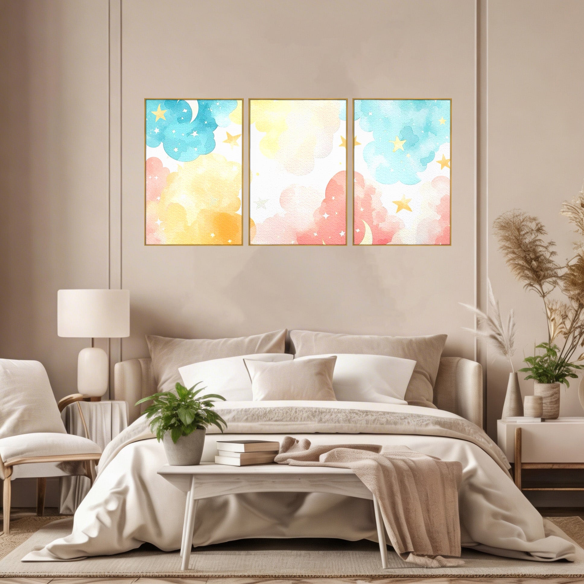 Set 3 Tablouri Canvas Premium LuxCanva® K3-1040, Norii Care Canta Stele, Somn, Usor, Vise, Pastel, Cer, Curcubeu, Ploaie, Pufos, Magie, Luna, Fantezie, Taram, Basm, Frumusete, Camera Copil, Dormitor