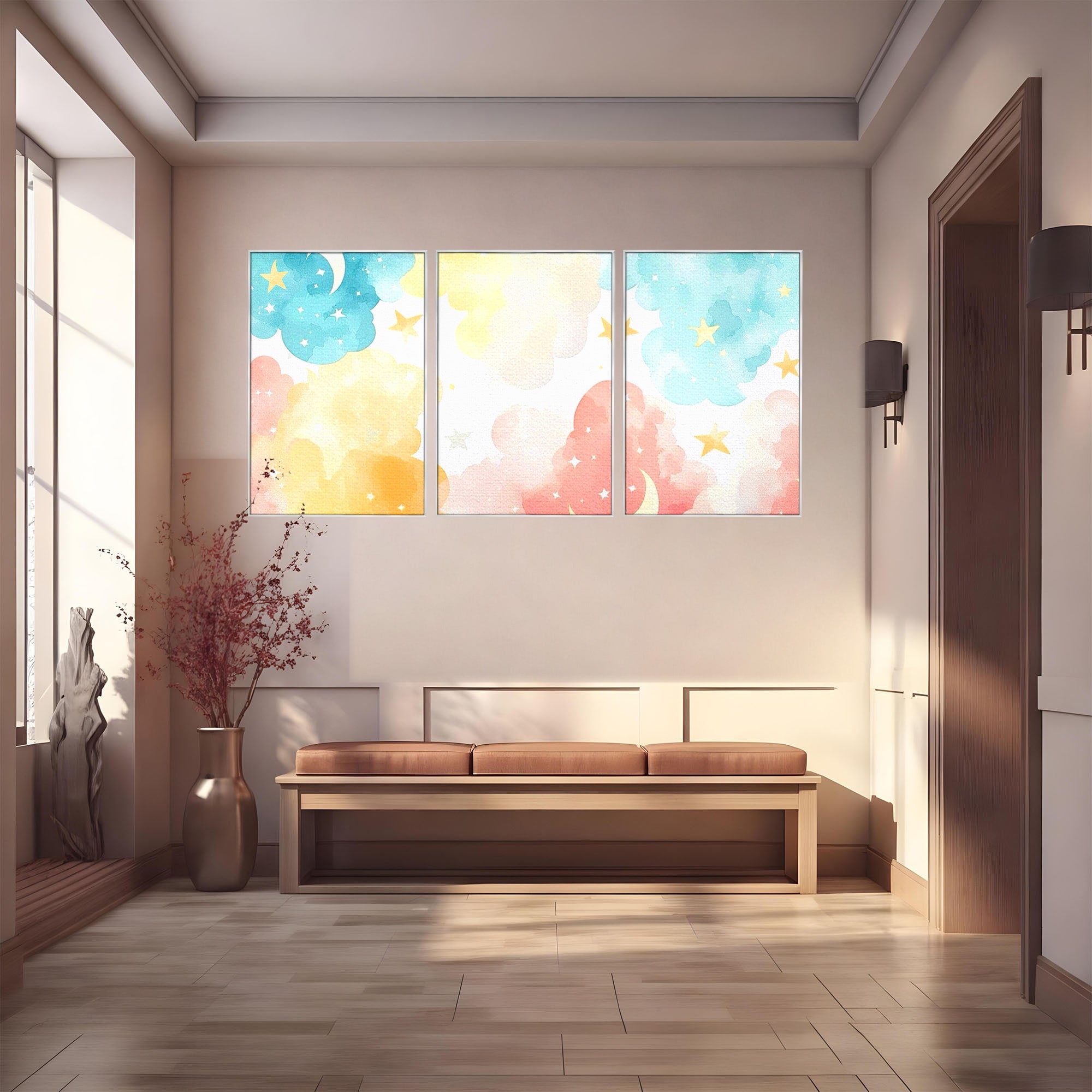 Set 3 Tablouri Canvas Premium LuxCanva® K3-1040, Norii Care Canta Stele, Somn, Usor, Vise, Pastel, Cer, Curcubeu, Ploaie, Pufos, Magie, Luna, Fantezie, Taram, Basm, Frumusete, Camera Copil, Dormitor