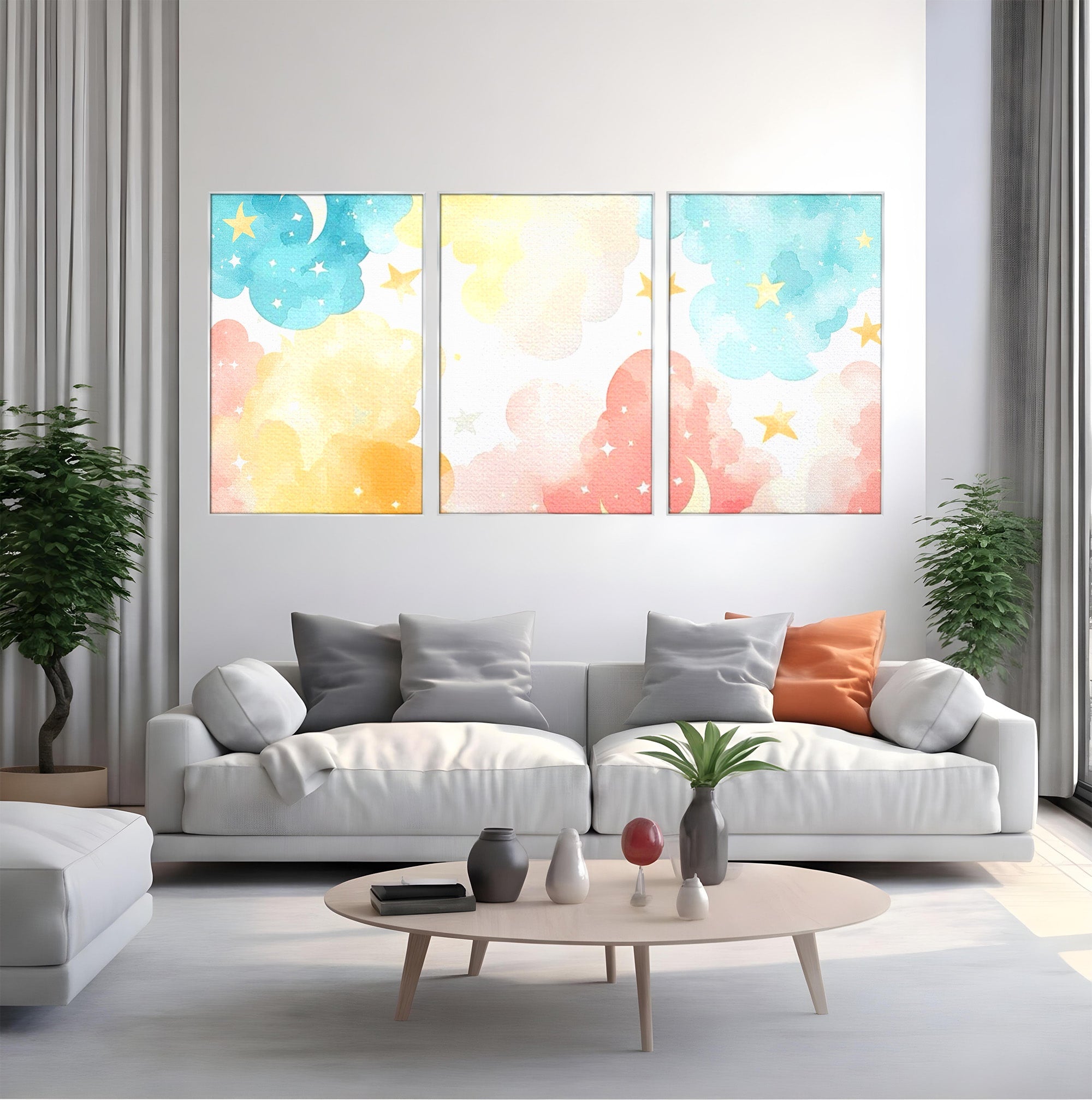 Set 3 Tablouri Canvas Premium LuxCanva® K3-1040, Norii Care Canta Stele, Somn, Usor, Vise, Pastel, Cer, Curcubeu, Ploaie, Pufos, Magie, Luna, Fantezie, Taram, Basm, Frumusete, Camera Copil, Dormitor