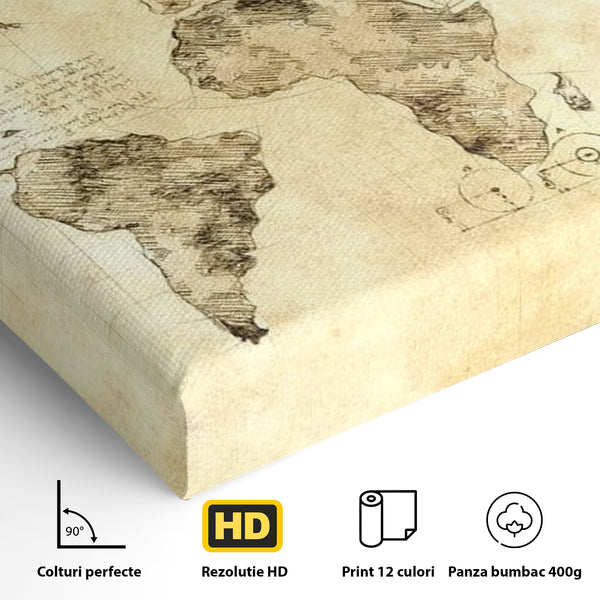 Tablou Canvas Premium, LuxCanva® L1003, Atlasul Renasterii, Harta, Da Vinci, Antic, Renascentist, Vintage, Glob, Geografie, Tablou, Codex Mundi, Cartografie, Schita, Penita