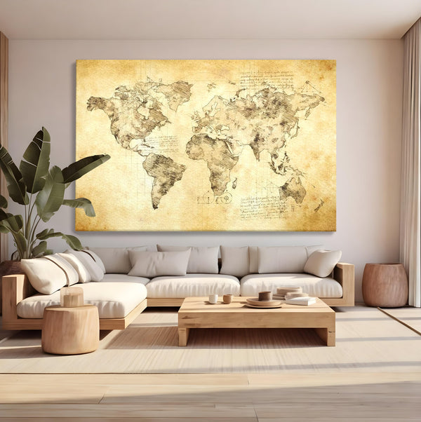 Tablou Canvas Premium, LuxCanva® L1003, Atlasul Renasterii, Harta, Da Vinci, Antic, Renascentist, Vintage, Glob, Geografie, Tablou, Codex Mundi, Cartografie, Schita, Penita