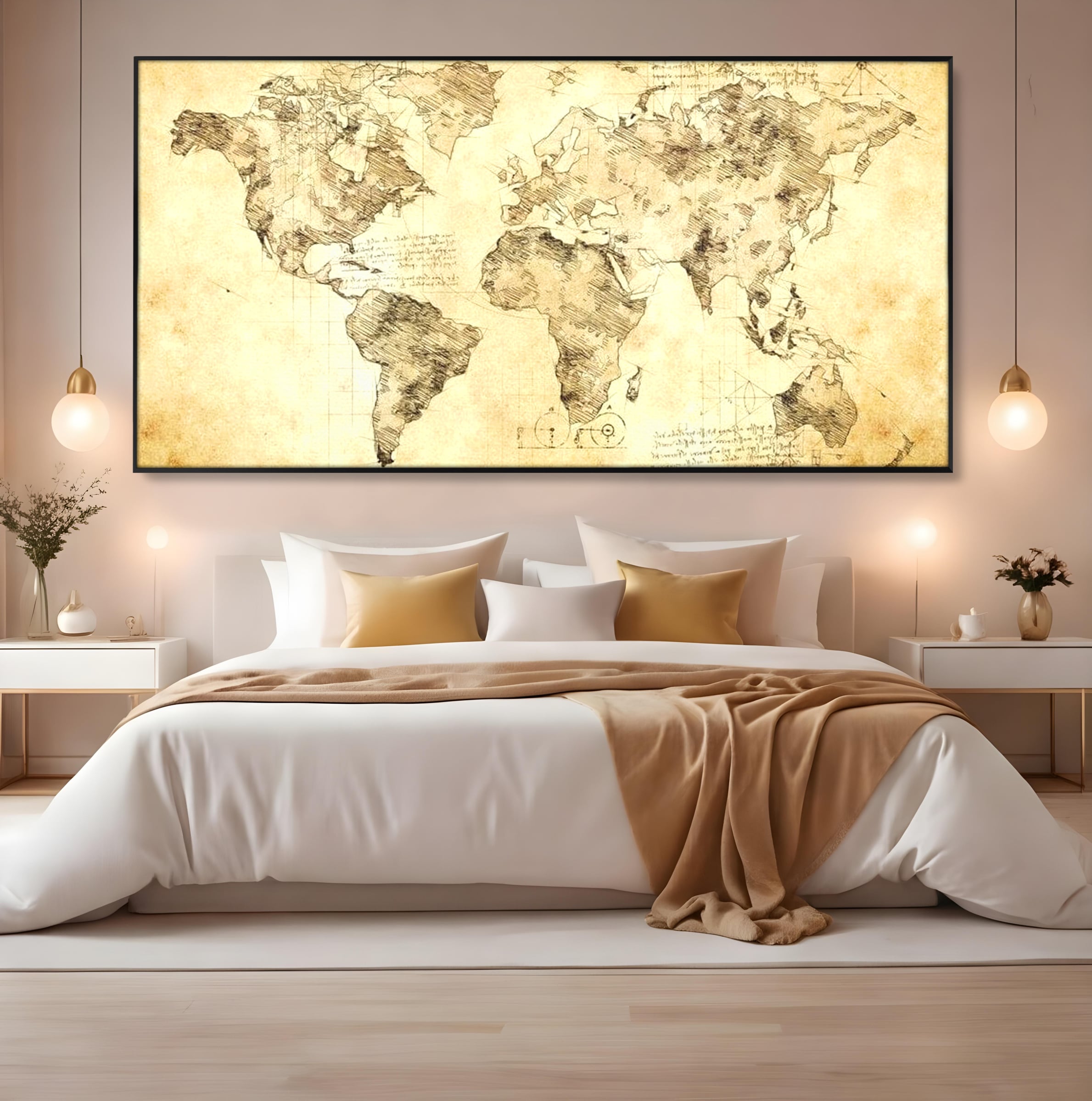 Tablou Canvas Premium, LuxCanva® L1003, Atlasul Renasterii, Harta, Da Vinci, Antic, Renascentist, Vintage, Glob, Geografie, Tablou, Codex Mundi, Cartografie, Schita, Penita