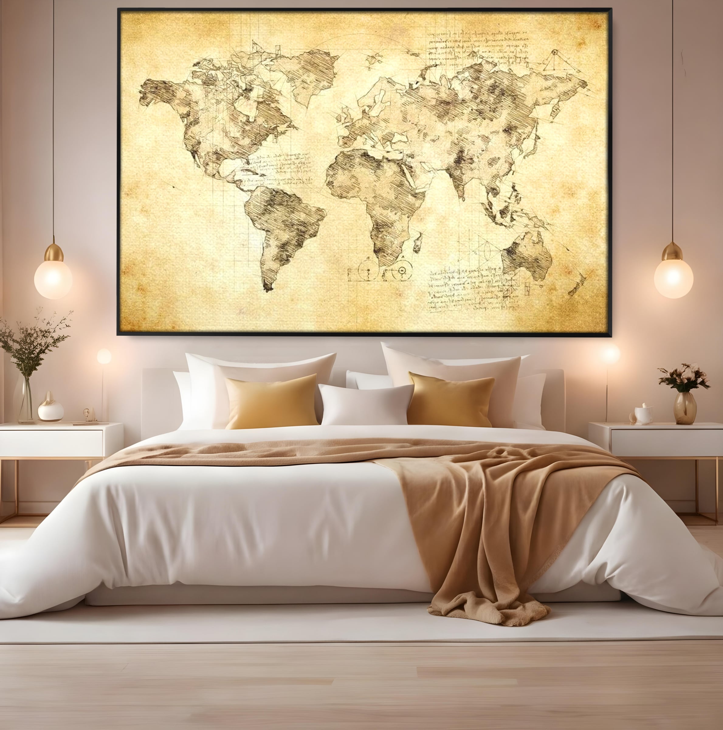 Tablou Canvas Premium, LuxCanva® L1003, Atlasul Renasterii, Harta, Da Vinci, Antic, Renascentist, Vintage, Glob, Geografie, Tablou, Codex Mundi, Cartografie, Schita, Penita