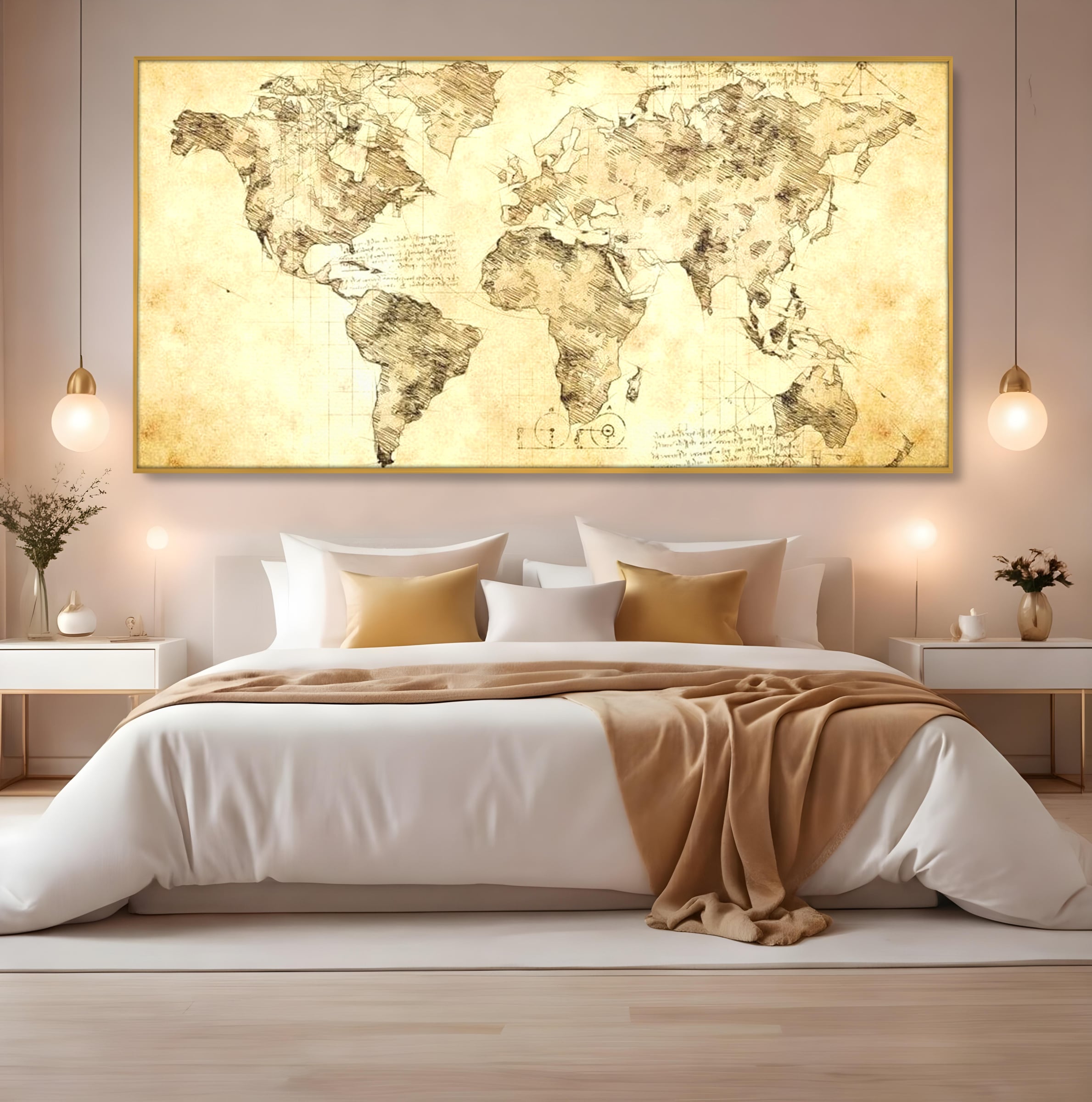 Tablou Canvas Premium, LuxCanva® L1003, Atlasul Renasterii, Harta, Da Vinci, Antic, Renascentist, Vintage, Glob, Geografie, Tablou, Codex Mundi, Cartografie, Schita, Penita