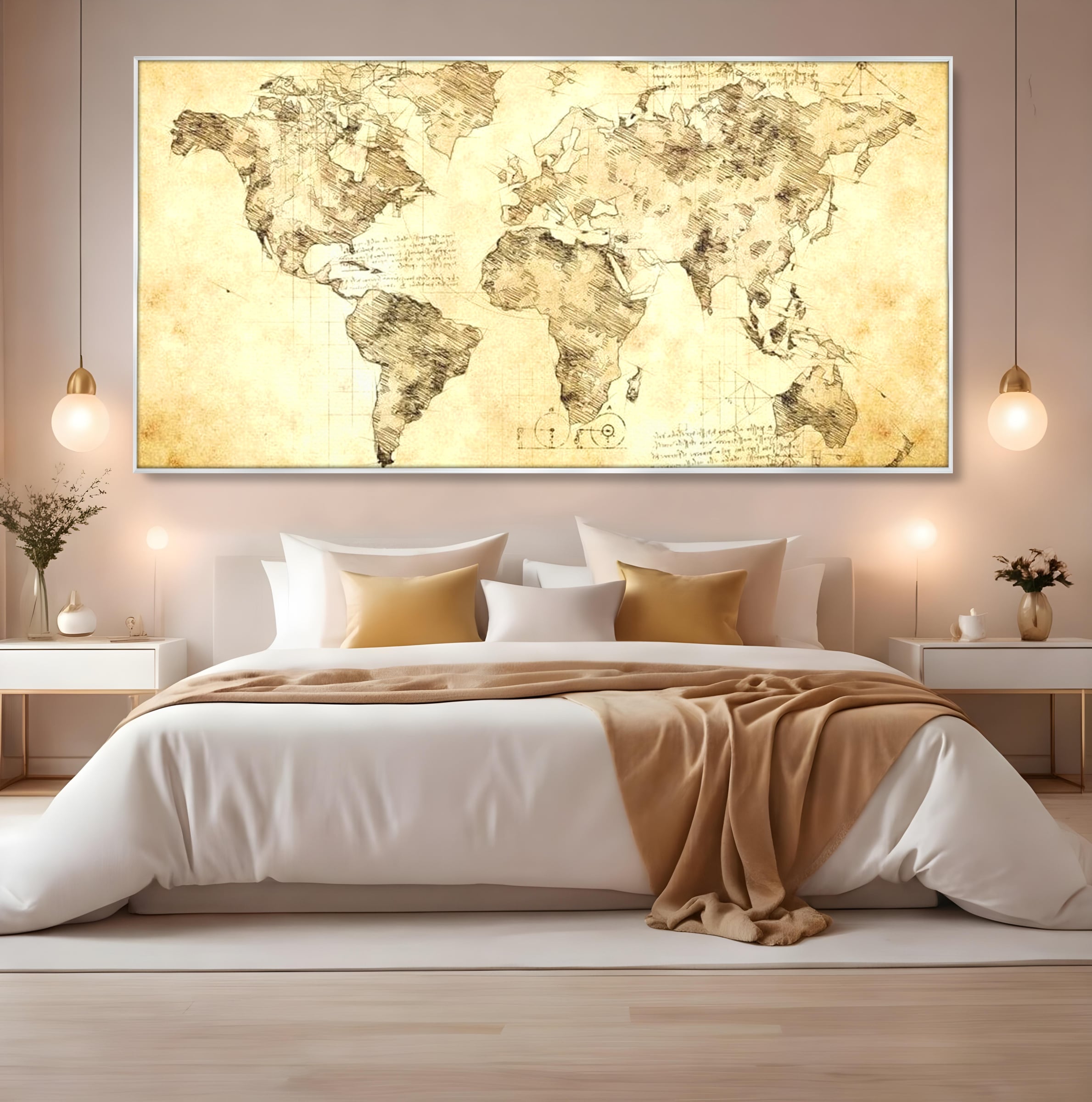 Tablou Canvas Premium, LuxCanva® L1003, Atlasul Renasterii, Harta, Da Vinci, Antic, Renascentist, Vintage, Glob, Geografie, Tablou, Codex Mundi, Cartografie, Schita, Penita