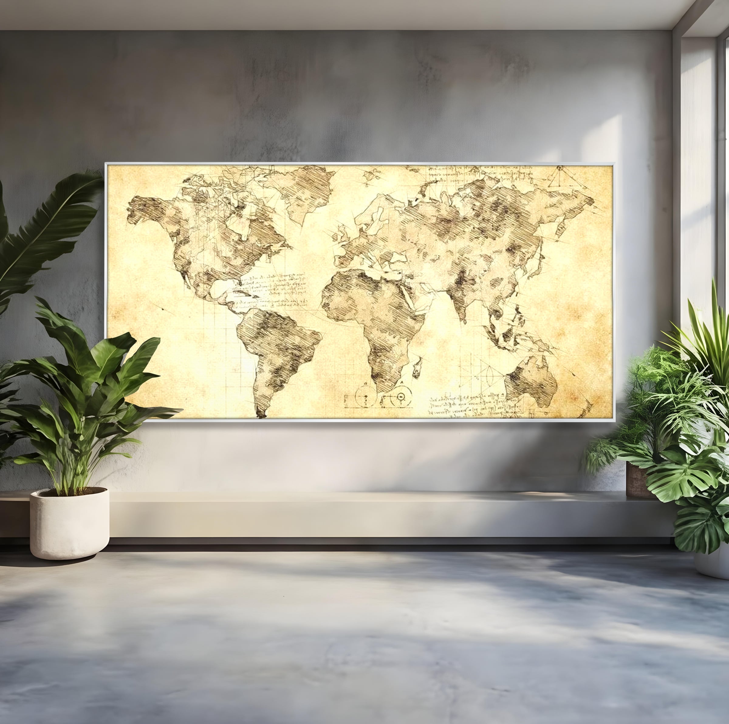 Tablou Canvas Premium, LuxCanva® L1003, Atlasul Renasterii, Harta, Da Vinci, Antic, Renascentist, Vintage, Glob, Geografie, Tablou, Codex Mundi, Cartografie, Schita, Penita