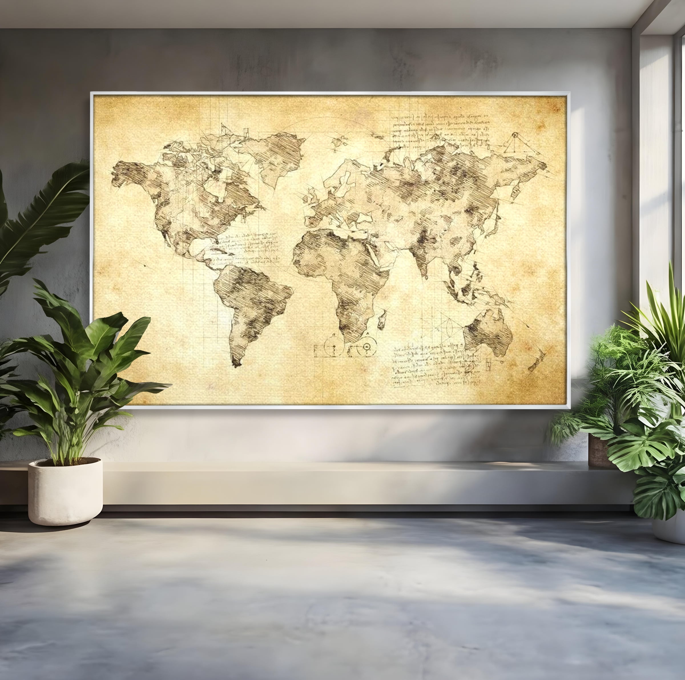 Tablou Canvas Premium, LuxCanva® L1003, Atlasul Renasterii, Harta, Da Vinci, Antic, Renascentist, Vintage, Glob, Geografie, Tablou, Codex Mundi, Cartografie, Schita, Penita