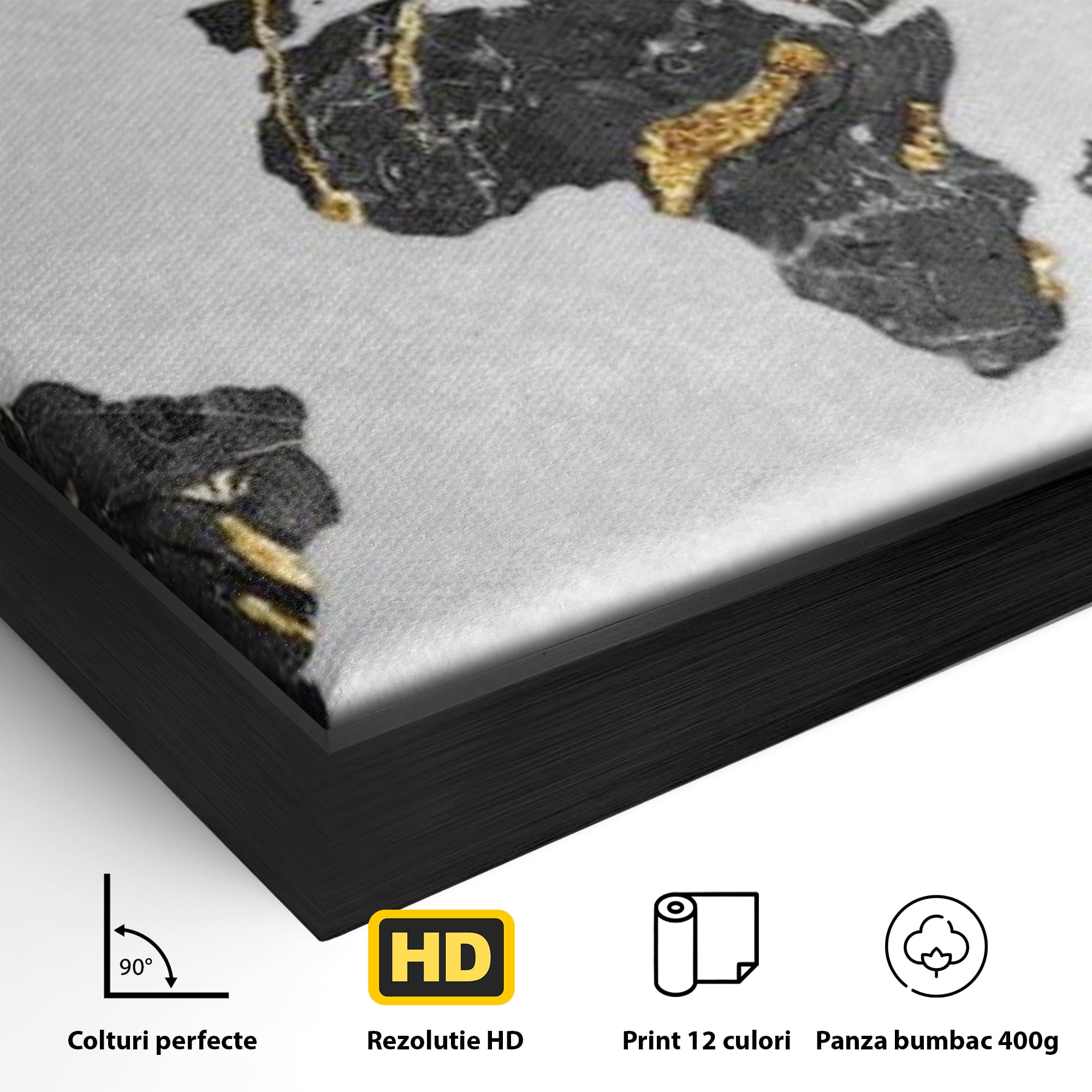 Tablou Canvas Premium, LuxCanva® L1006, Lumea in Marmura si Aur, Harta, Mapamond, Auriu, Negru, Lux, Marmura, Glam, Gold, Arta Murala, Contemporan, Minimalist