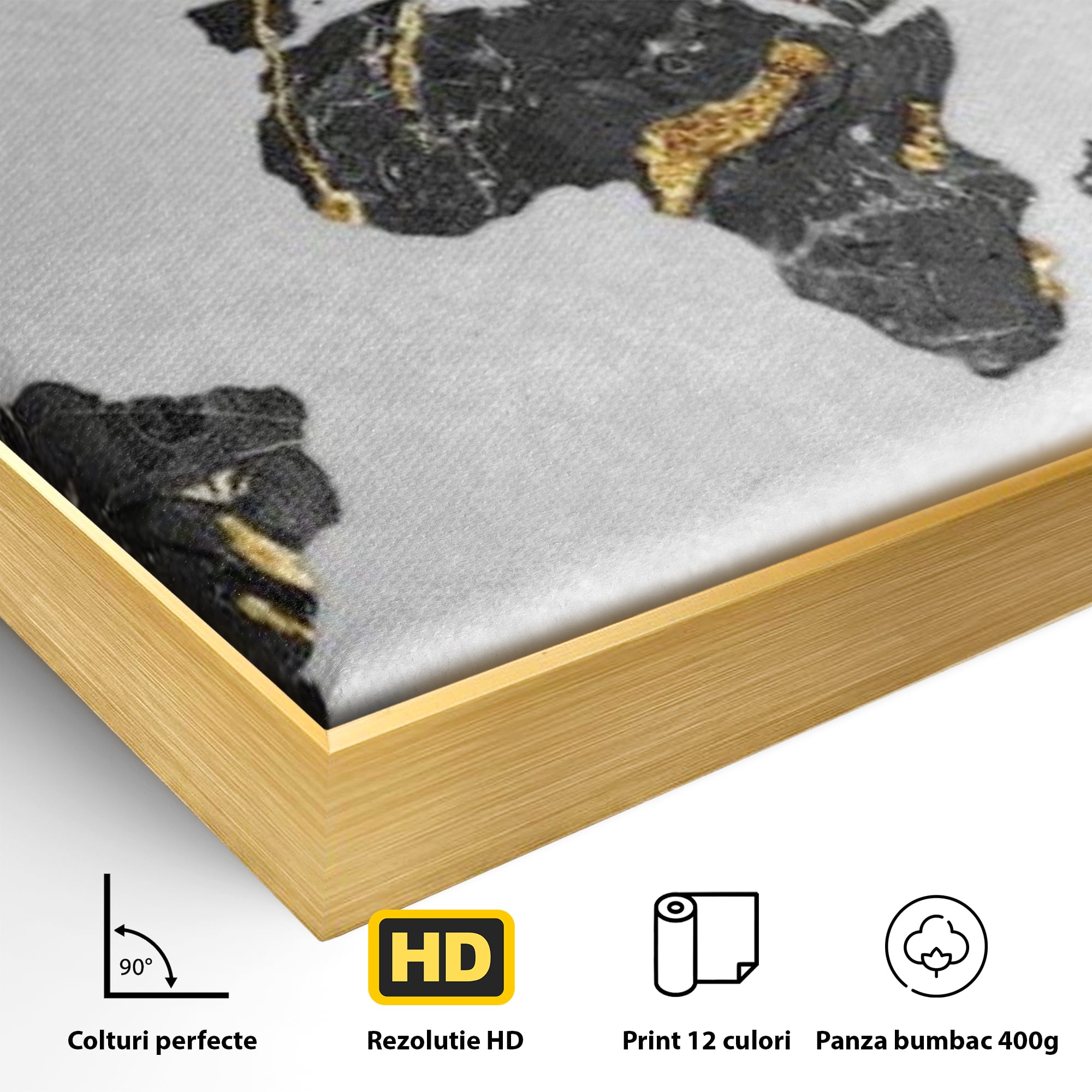 Tablou Canvas Premium, LuxCanva® L1006, Lumea in Marmura si Aur, Harta, Mapamond, Auriu, Negru, Lux, Marmura, Glam, Gold, Arta Murala, Contemporan, Minimalist