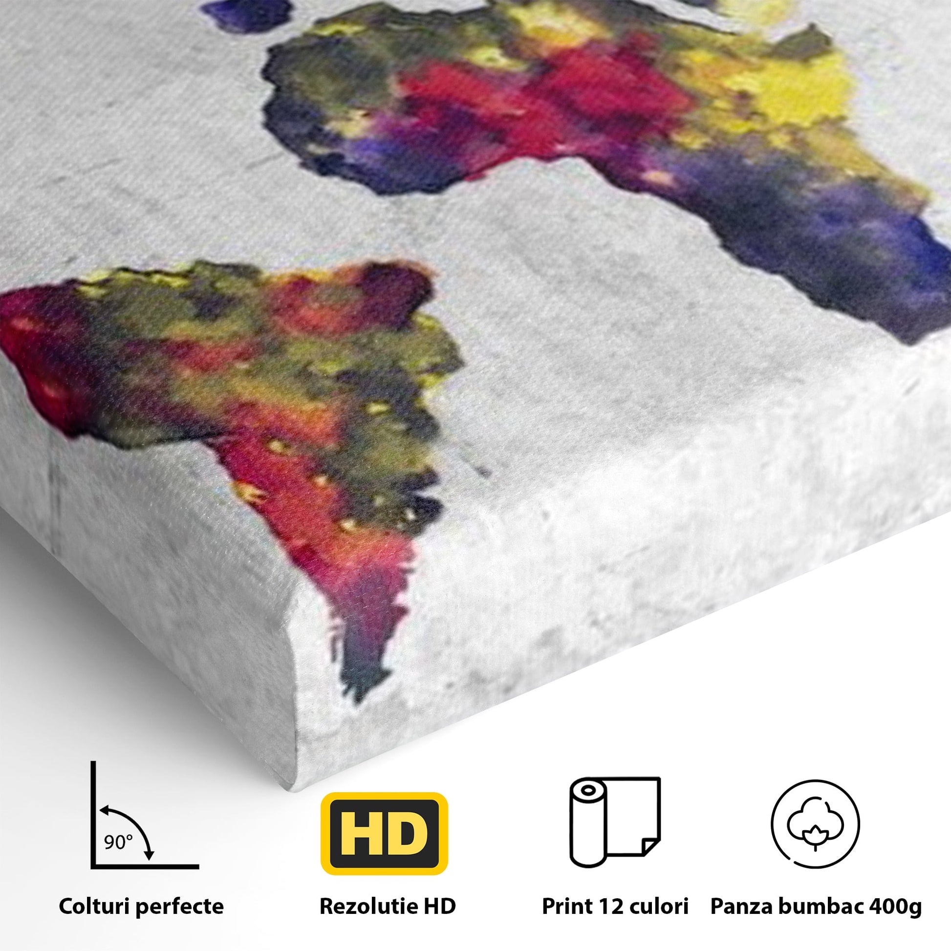 Tablou Canvas Premium, LuxCanva® L1007, Mapamond in Acuarela, Harta, Contemporan, International, Cromatic, Albastru, Galben, Culoare, Creativ, Abstract