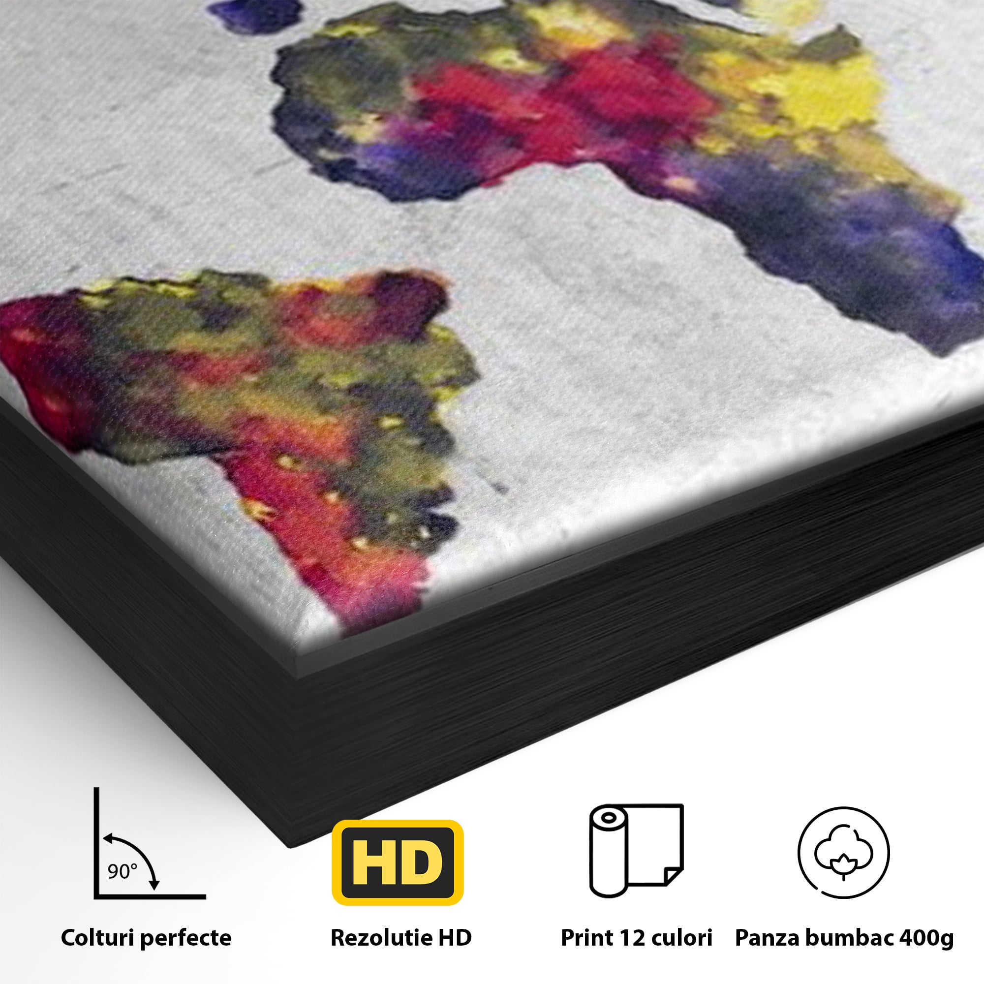Tablou Canvas Premium, LuxCanva® L1007, Mapamond in Acuarela, Harta, Contemporan, International, Cromatic, Albastru, Galben, Culoare, Creativ, Abstract