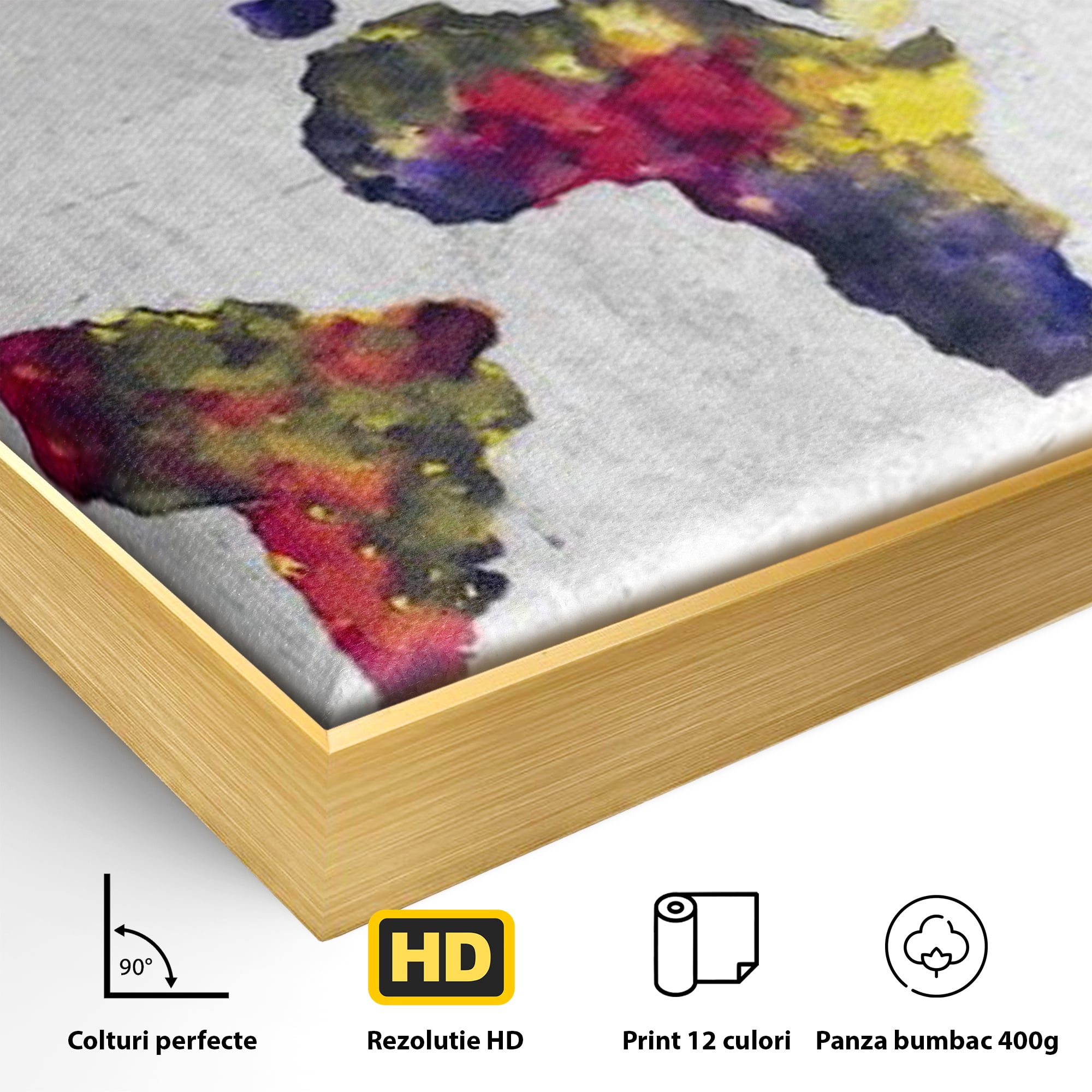 Tablou Canvas Premium, LuxCanva® L1007, Mapamond in Acuarela, Harta, Contemporan, International, Cromatic, Albastru, Galben, Culoare, Creativ, Abstract