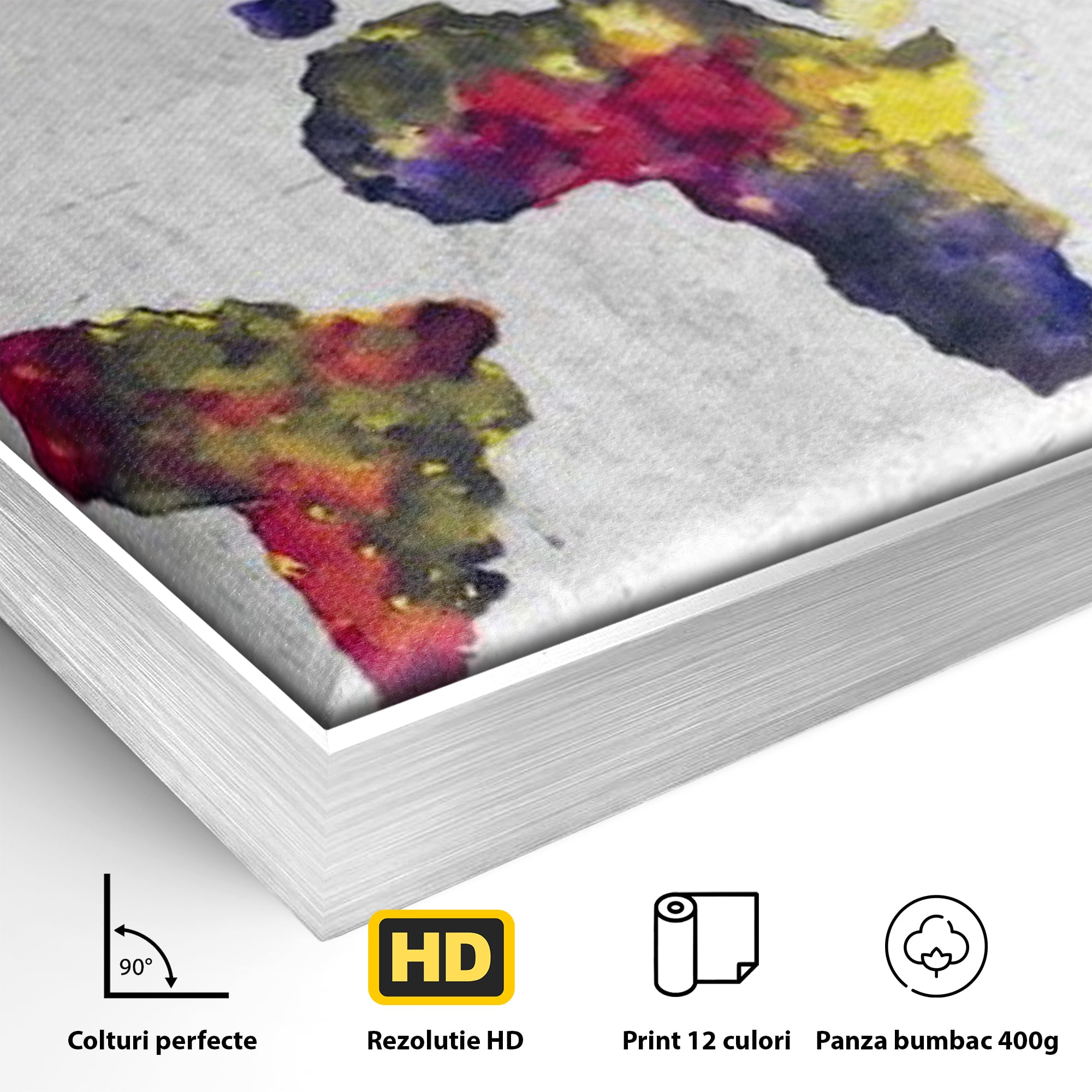 Tablou Canvas Premium, LuxCanva® L1007, Mapamond in Acuarela, Harta, Contemporan, International, Cromatic, Albastru, Galben, Culoare, Creativ, Abstract