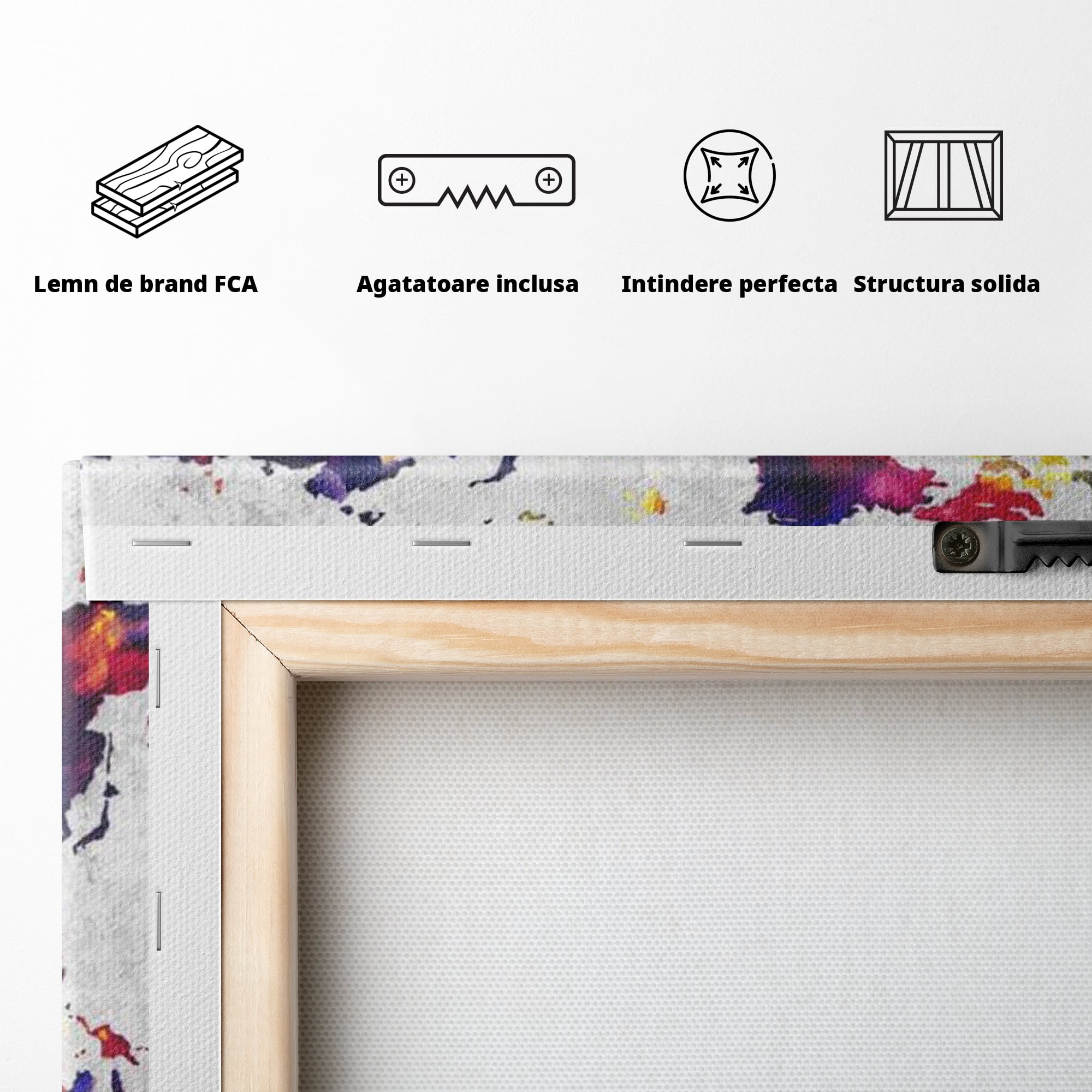 Tablou Canvas Premium, LuxCanva® L1007, Mapamond in Acuarela, Harta, Contemporan, International, Cromatic, Albastru, Galben, Culoare, Creativ, Abstract