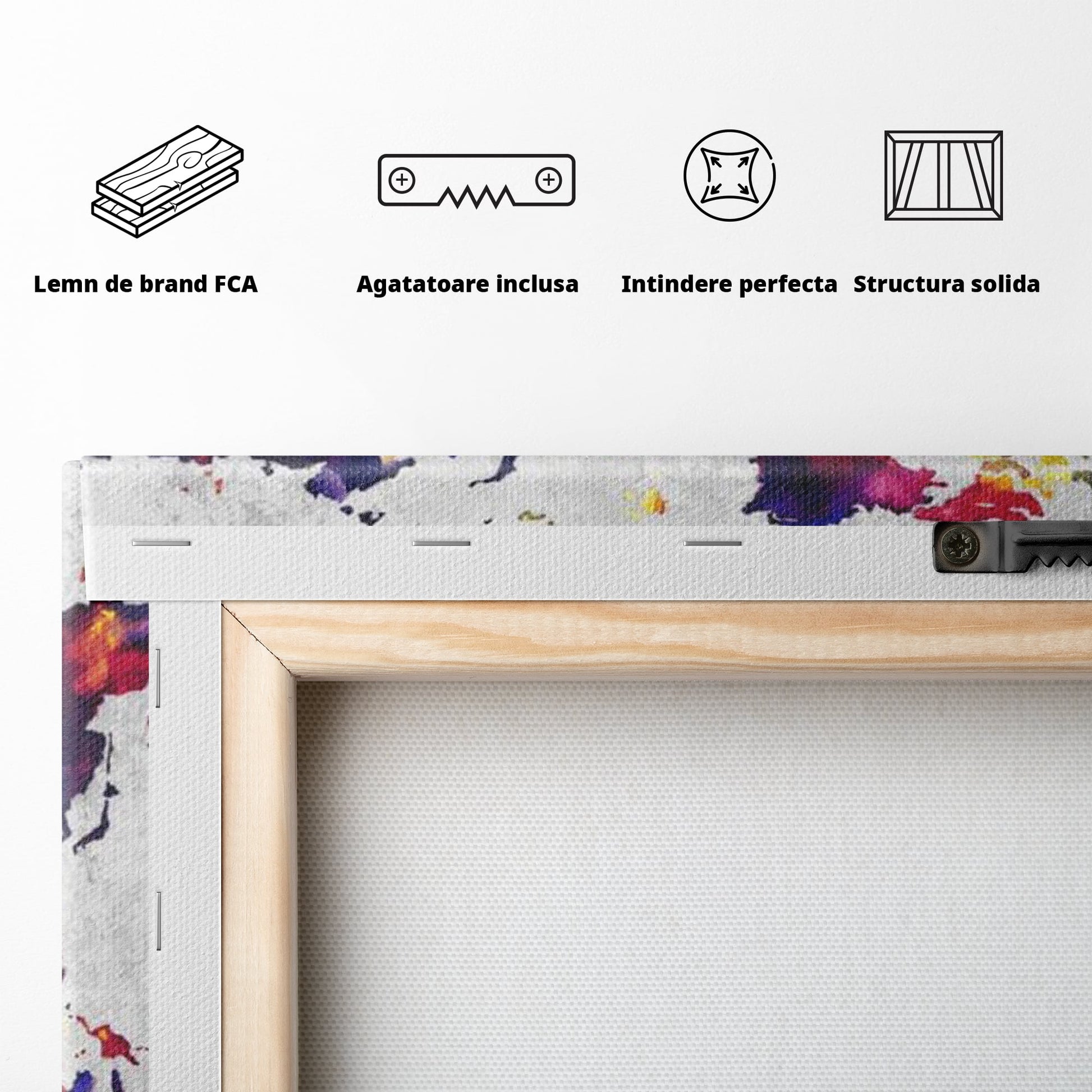 Tablou Canvas Premium, LuxCanva® L1007, Mapamond in Acuarela, Harta, Contemporan, International, Cromatic, Albastru, Galben, Culoare, Creativ, Abstract