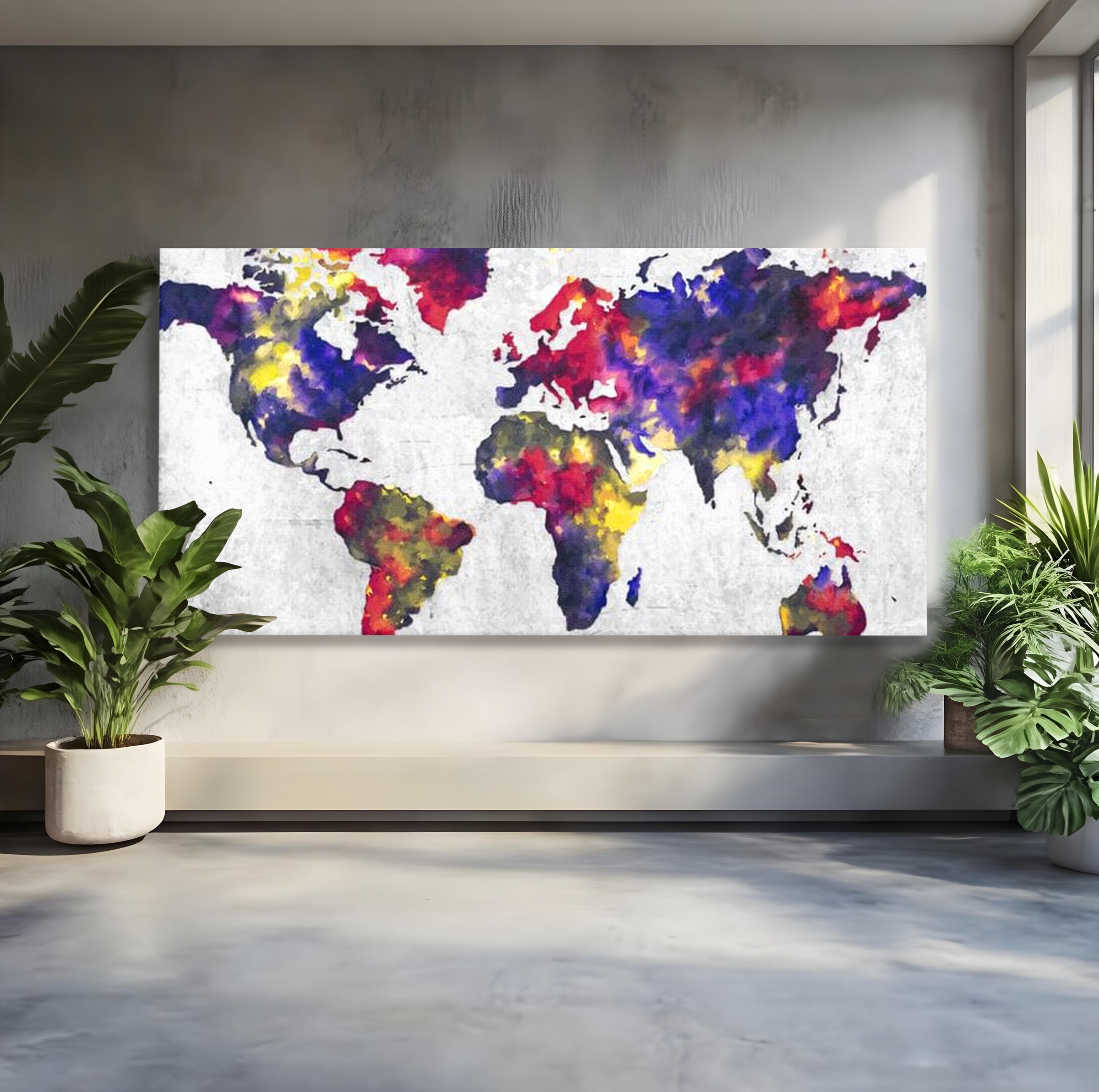 Tablou Canvas Premium, LuxCanva® L1007, Mapamond in Acuarela, Harta, Contemporan, International, Cromatic, Albastru, Galben, Culoare, Creativ, Abstract