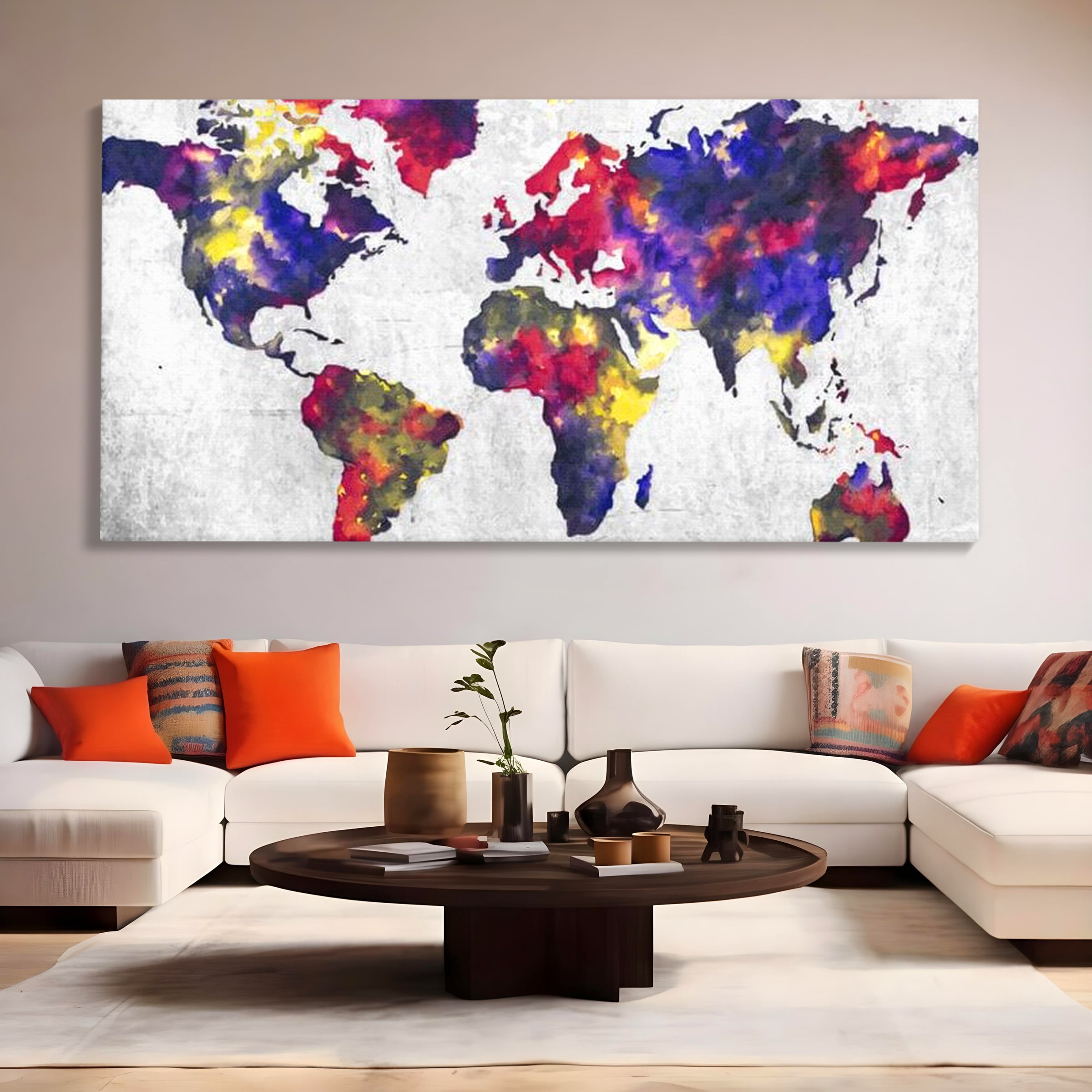 Tablou Canvas Premium, LuxCanva® L1007, Mapamond in Acuarela, Harta, Contemporan, International, Cromatic, Albastru, Galben, Culoare, Creativ, Abstract