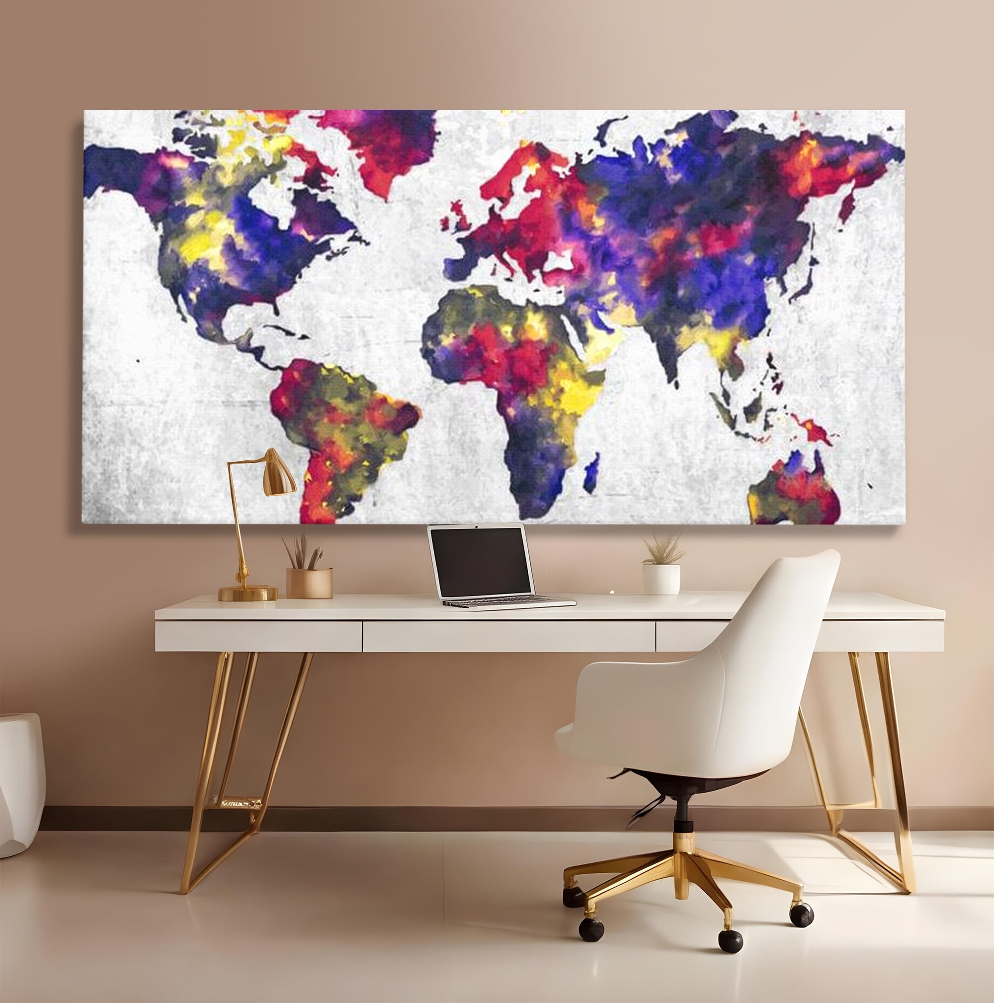 Tablou Canvas Premium, LuxCanva® L1007, Mapamond in Acuarela, Harta, Contemporan, International, Cromatic, Albastru, Galben, Culoare, Creativ, Abstract