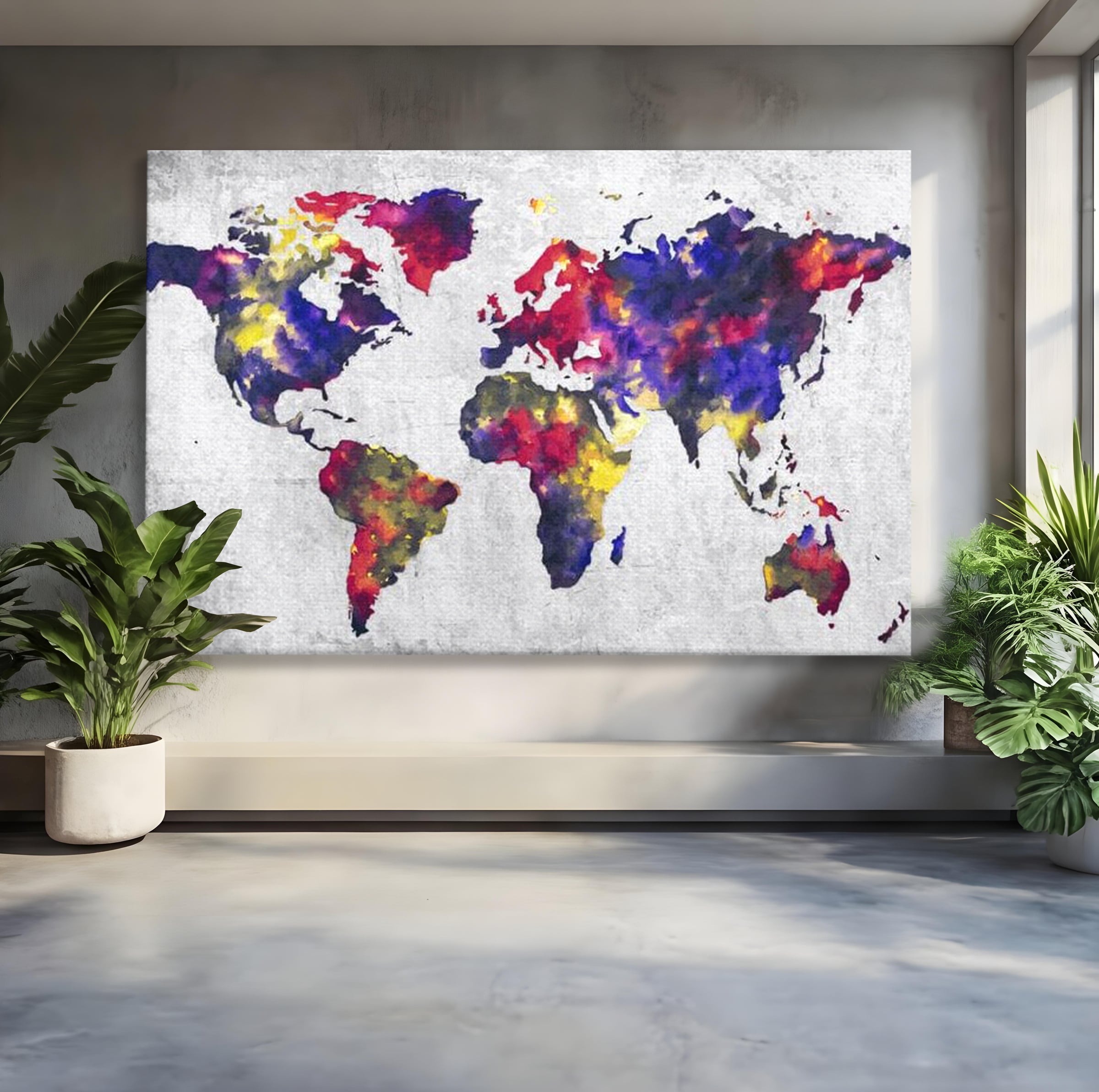 Tablou Canvas Premium, LuxCanva® L1007, Mapamond in Acuarela, Harta, Contemporan, International, Cromatic, Albastru, Galben, Culoare, Creativ, Abstract