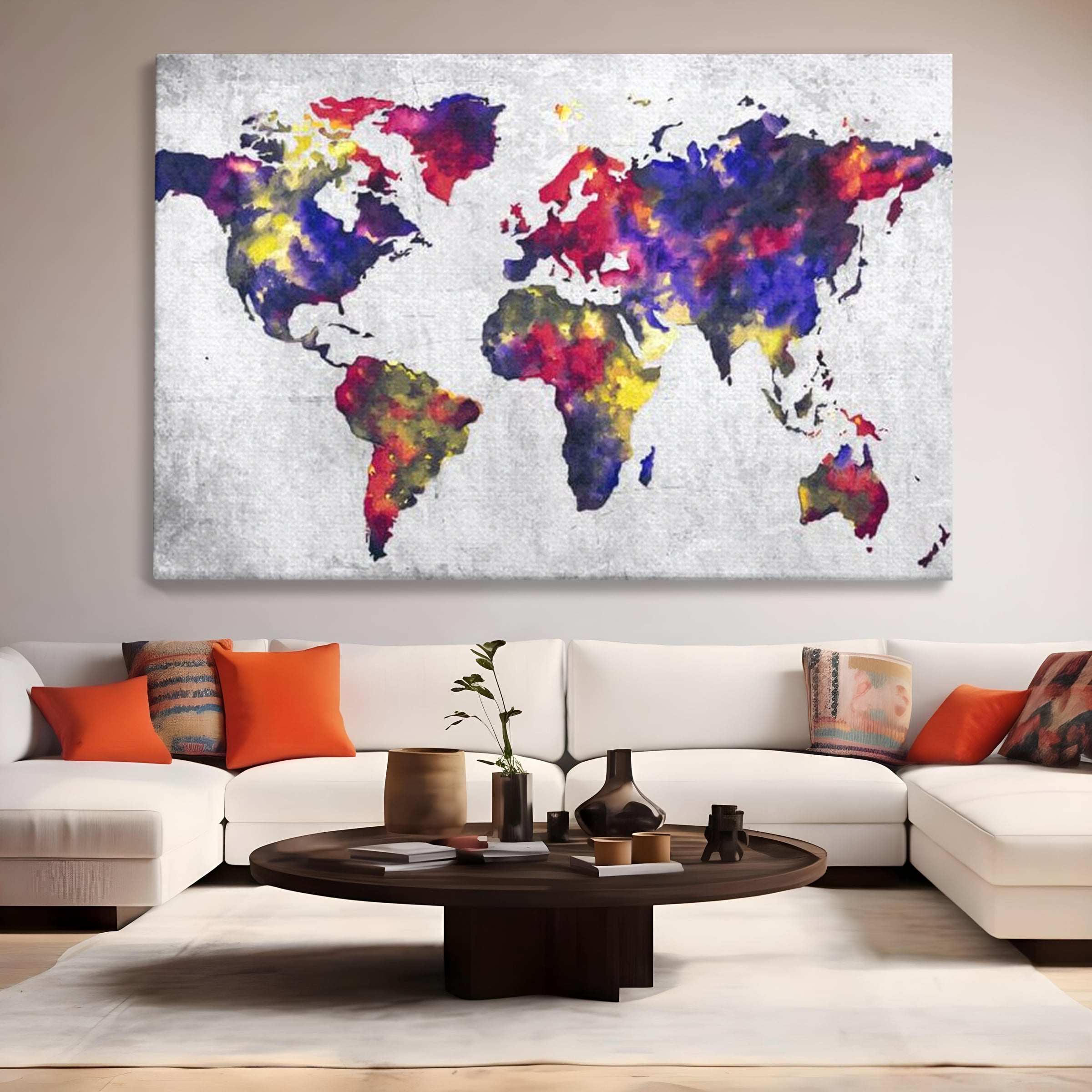 Tablou Canvas Premium, LuxCanva® L1007, Mapamond in Acuarela, Harta, Contemporan, International, Cromatic, Albastru, Galben, Culoare, Creativ, Abstract