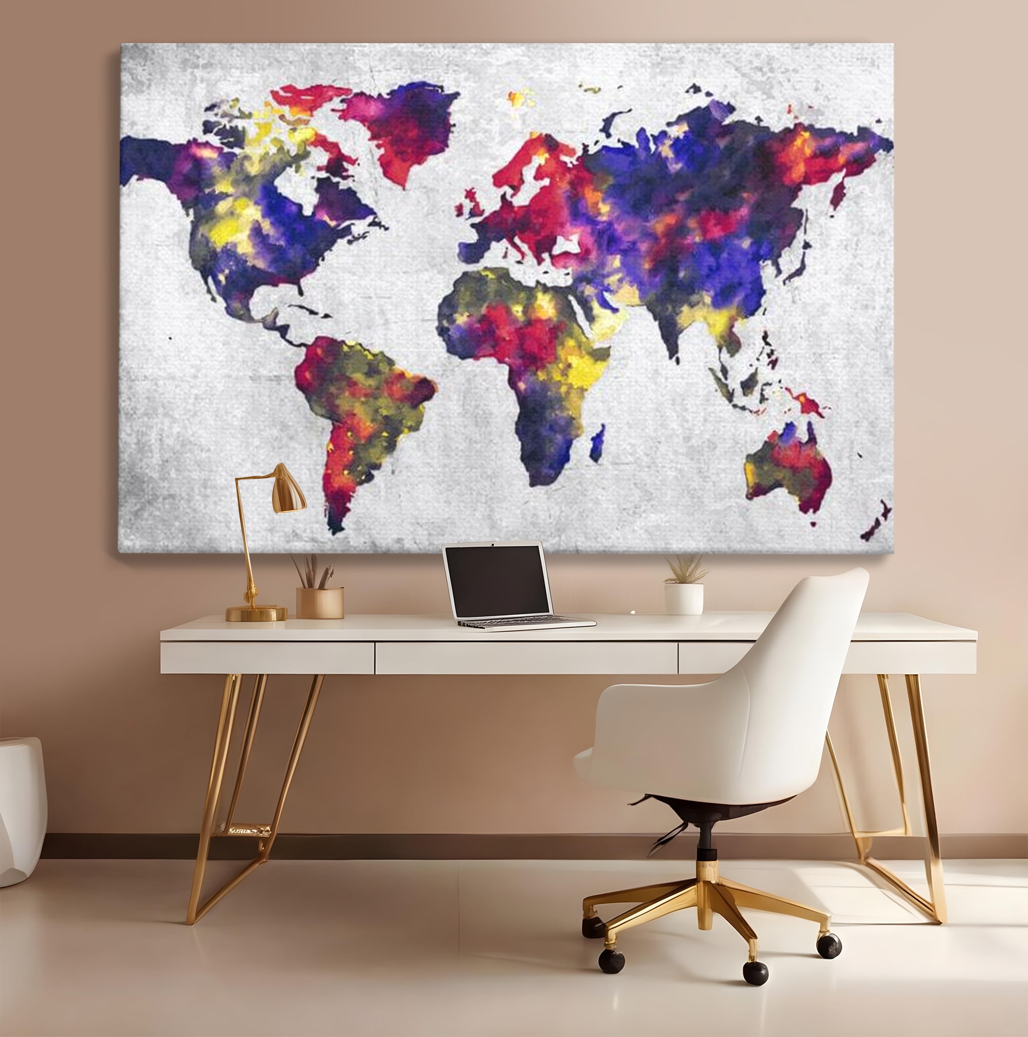Tablou Canvas Premium, LuxCanva® L1007, Mapamond in Acuarela, Harta, Contemporan, International, Cromatic, Albastru, Galben, Culoare, Creativ, Abstract