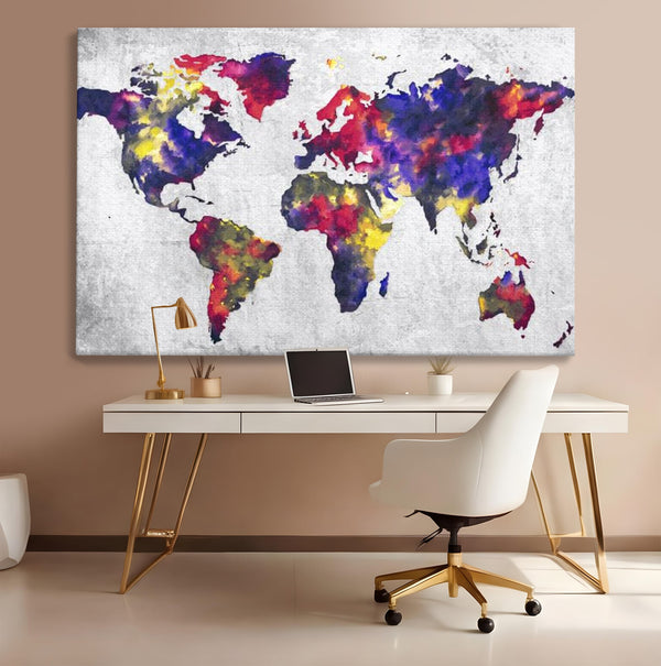 Tablou Canvas Premium, LuxCanva® L1007, Mapamond in Acuarela, Harta, Contemporan, International, Cromatic, Albastru, Galben, Culoare, Creativ, Abstract