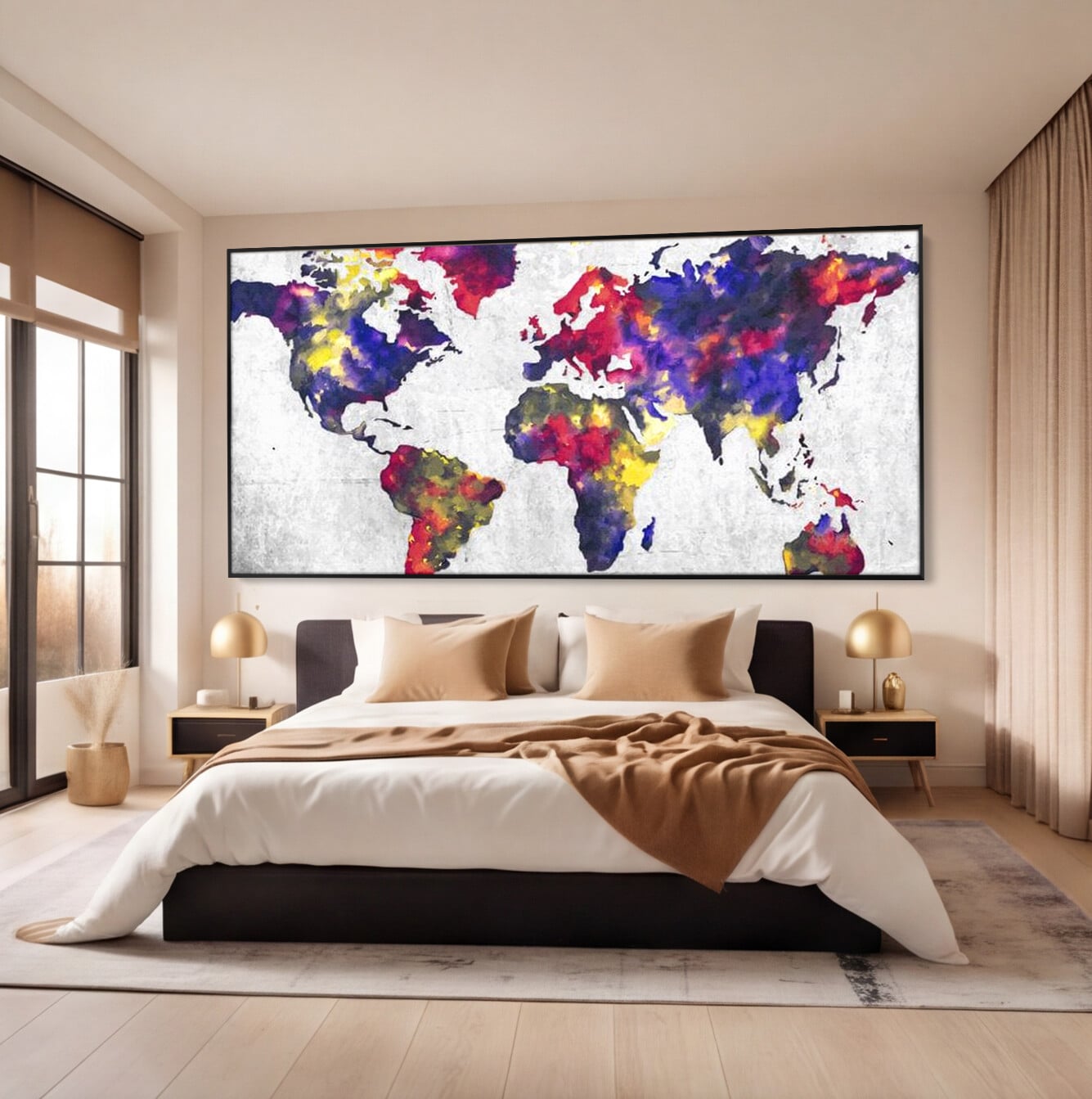 Tablou Canvas Premium, LuxCanva® L1007, Mapamond in Acuarela, Harta, Contemporan, International, Cromatic, Albastru, Galben, Culoare, Creativ, Abstract
