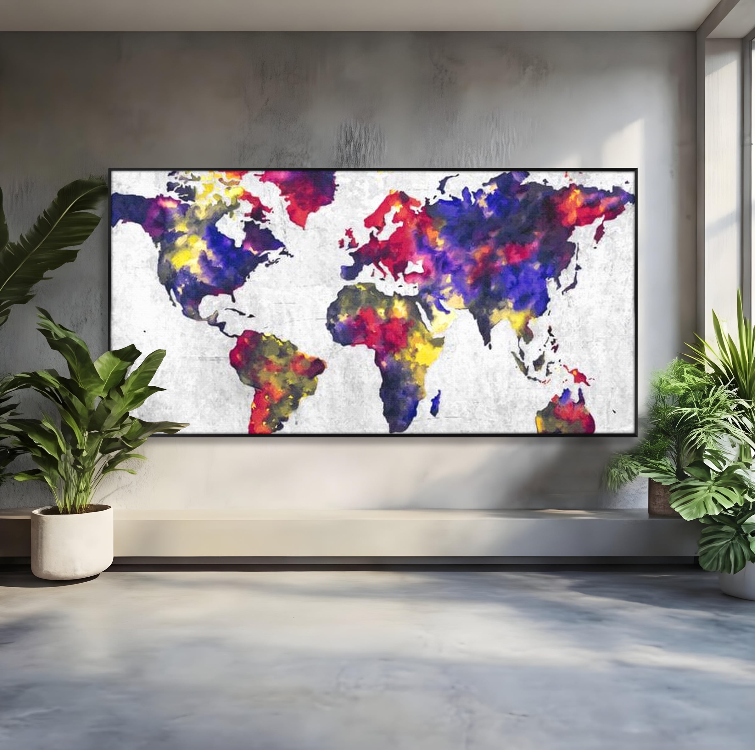 Tablou Canvas Premium, LuxCanva® L1007, Mapamond in Acuarela, Harta, Contemporan, International, Cromatic, Albastru, Galben, Culoare, Creativ, Abstract