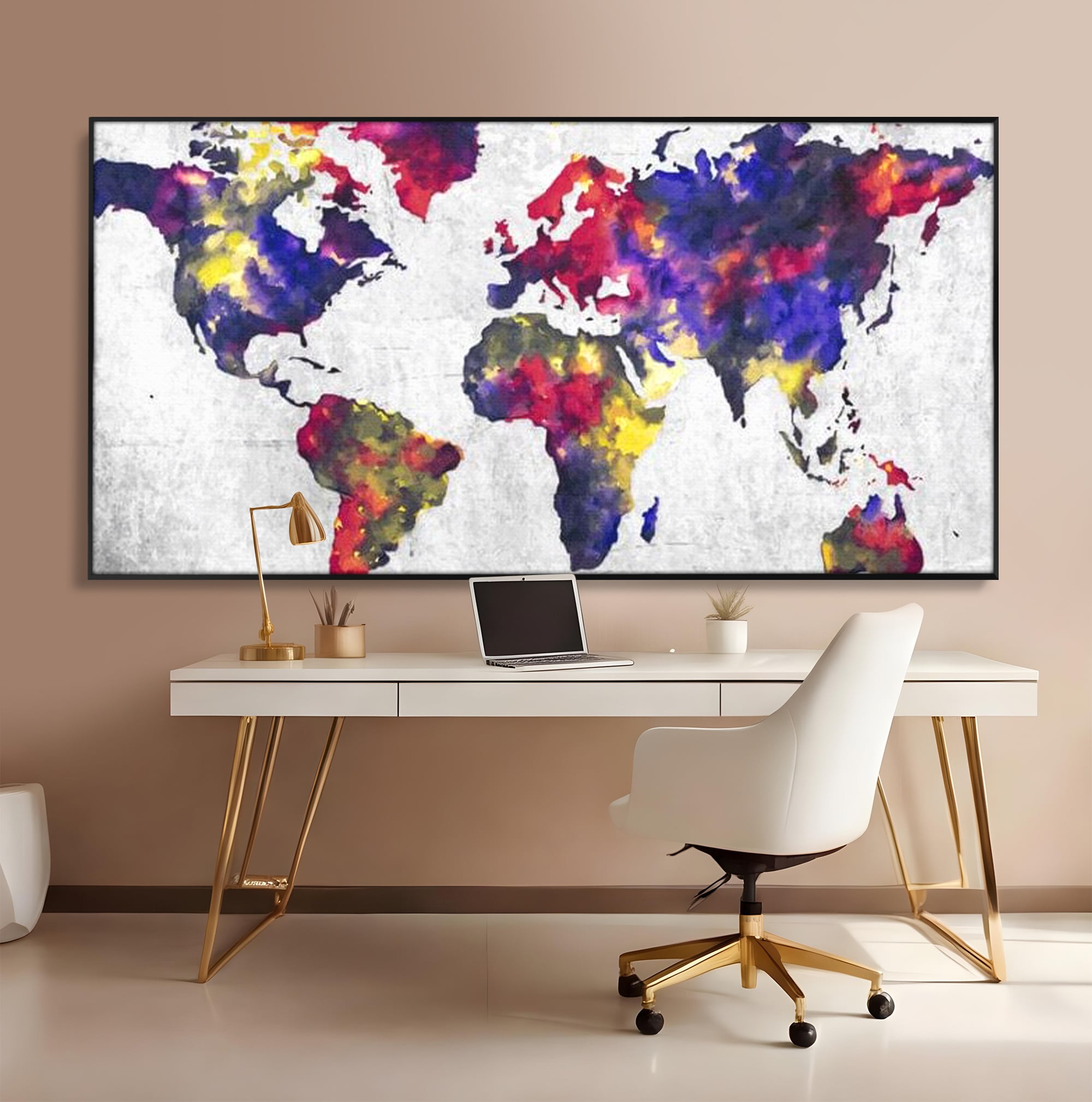Tablou Canvas Premium, LuxCanva® L1007, Mapamond in Acuarela, Harta, Contemporan, International, Cromatic, Albastru, Galben, Culoare, Creativ, Abstract