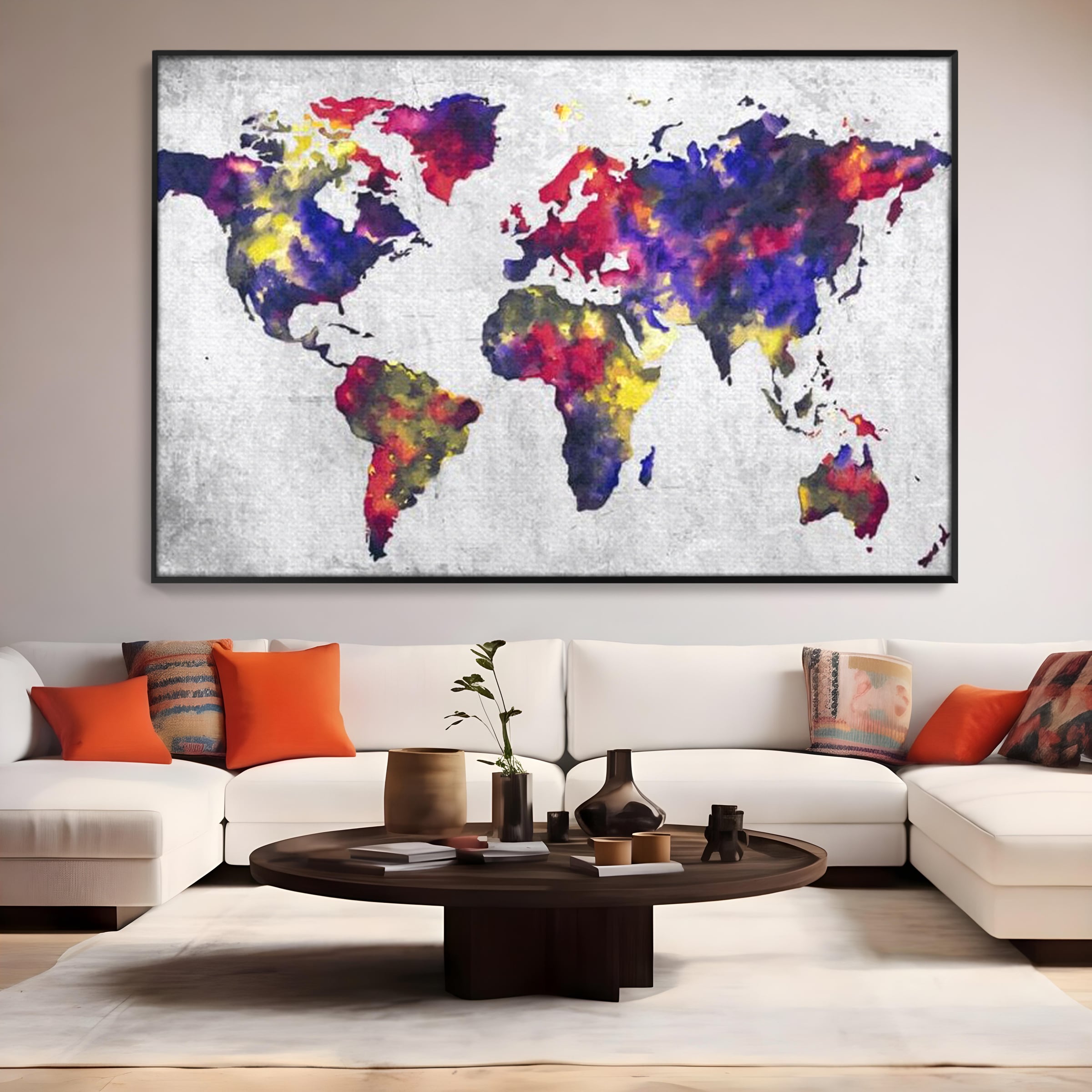Tablou Canvas Premium, LuxCanva® L1007, Mapamond in Acuarela, Harta, Contemporan, International, Cromatic, Albastru, Galben, Culoare, Creativ, Abstract