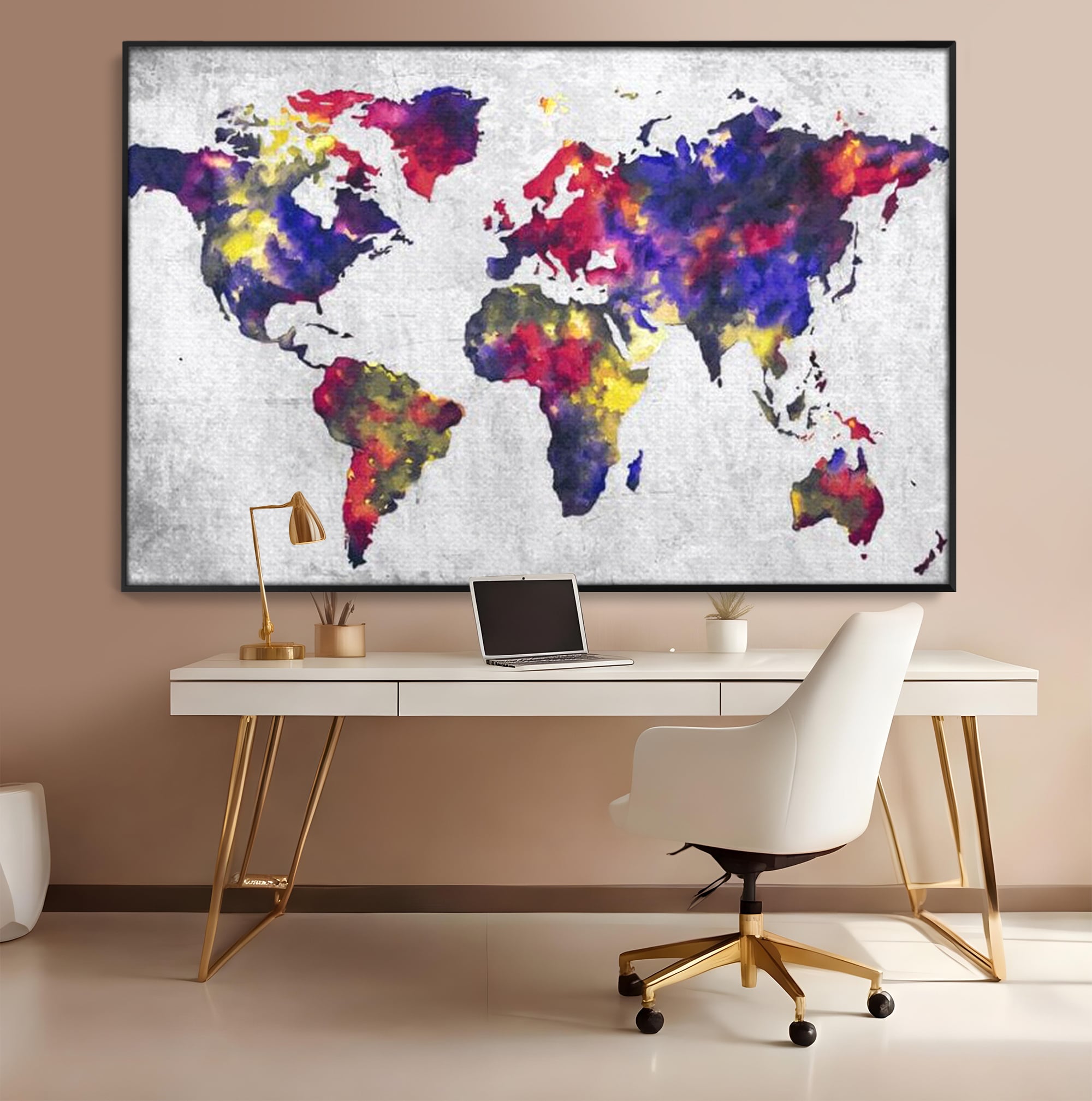 Tablou Canvas Premium, LuxCanva® L1007, Mapamond in Acuarela, Harta, Contemporan, International, Cromatic, Albastru, Galben, Culoare, Creativ, Abstract