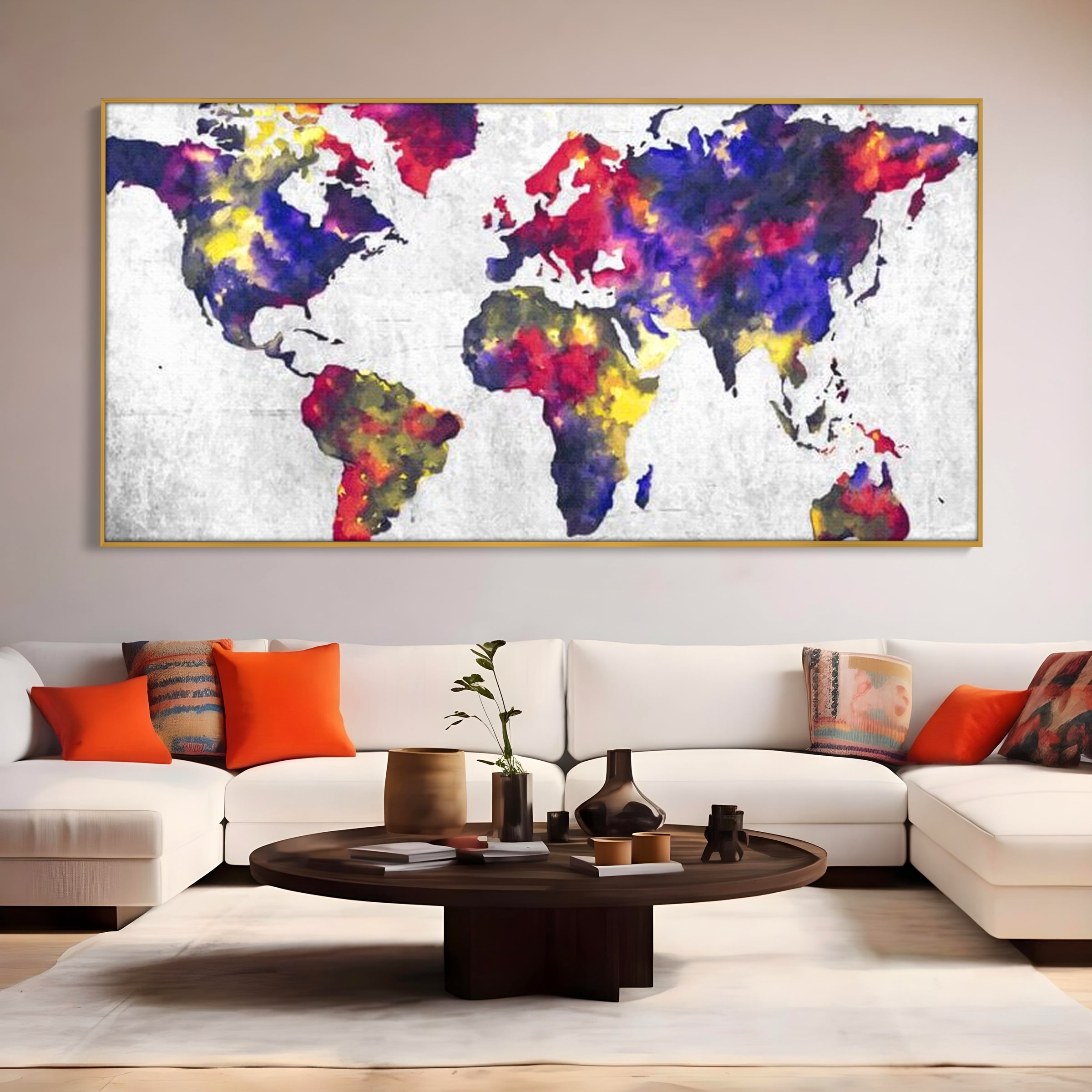 Tablou Canvas Premium, LuxCanva® L1007, Mapamond in Acuarela, Harta, Contemporan, International, Cromatic, Albastru, Galben, Culoare, Creativ, Abstract